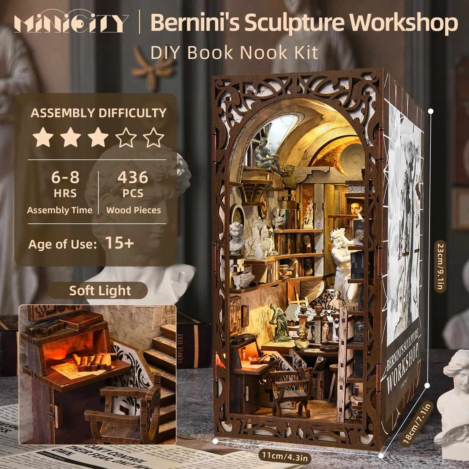 MiniCity Bernini - Kit di sculture a forma di libro, puzzle in legno 3D fai da te | 18 x 10,9 x 23,1 cm; colla e martello inclusi; 436 pezzi; montaggio 6-8 ore; istruzioni illustrate; età 14+