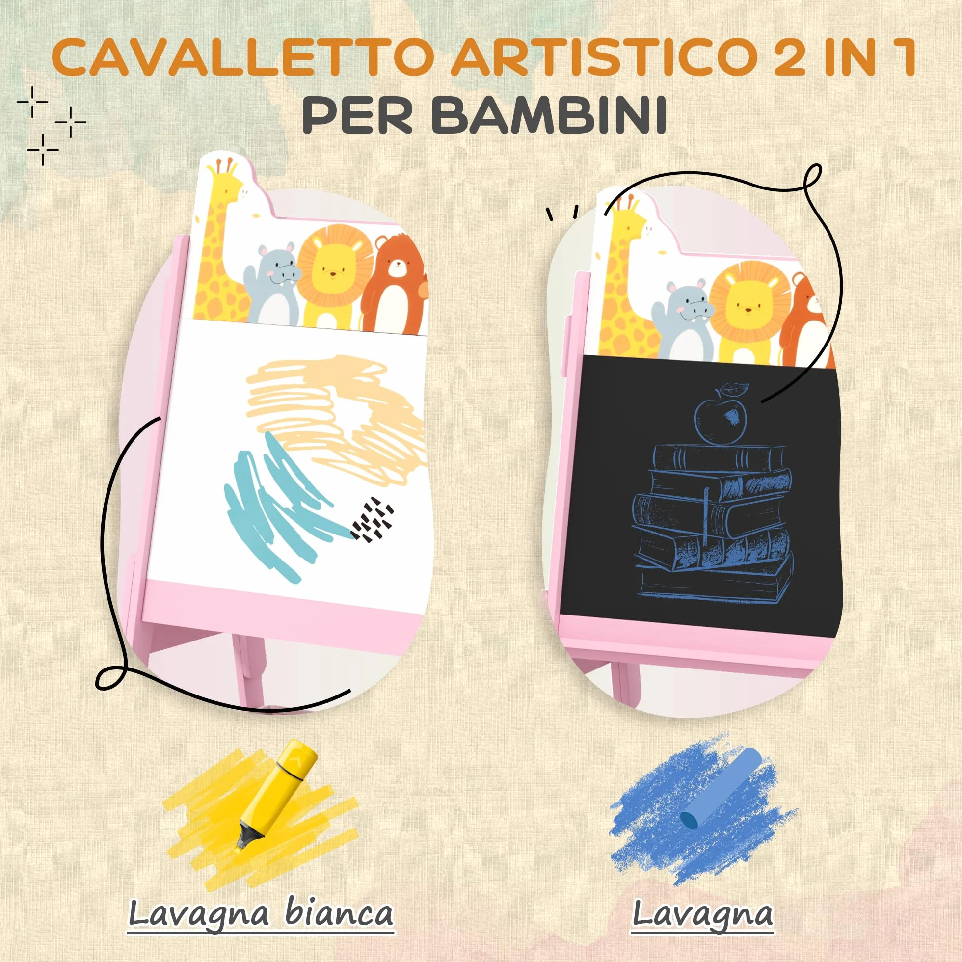 AIYAPLAY Cavalletto Artistico per Bambini in Legno 3-8 Anni con Lavagna Bianca e Nera 53.5x49x113 cm Rosa