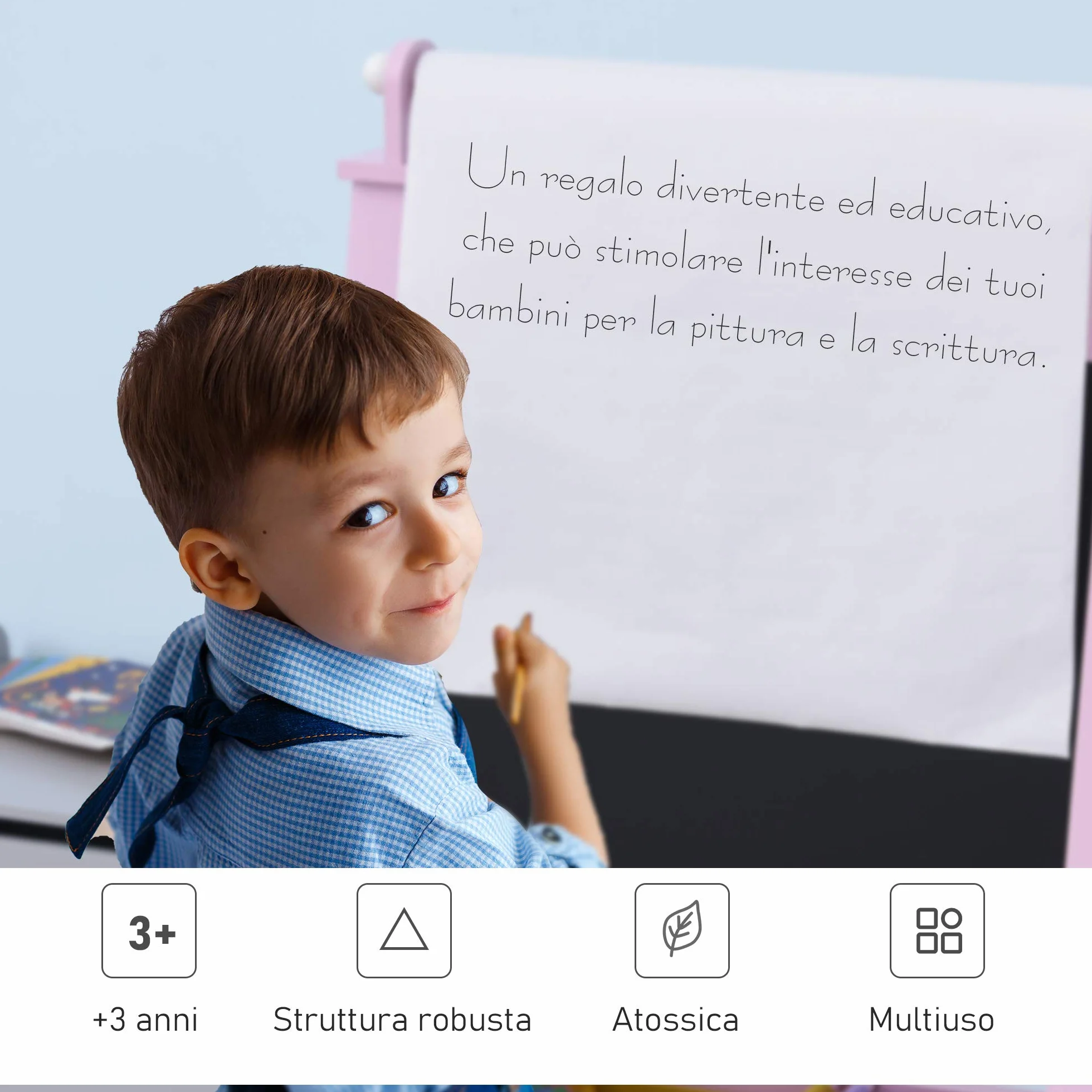 HOMCOM Lavagnetta per Bambini in Legno Rosa 3 in 1 Cavalletto Lavagna Bianca Nera Rullo Fogli