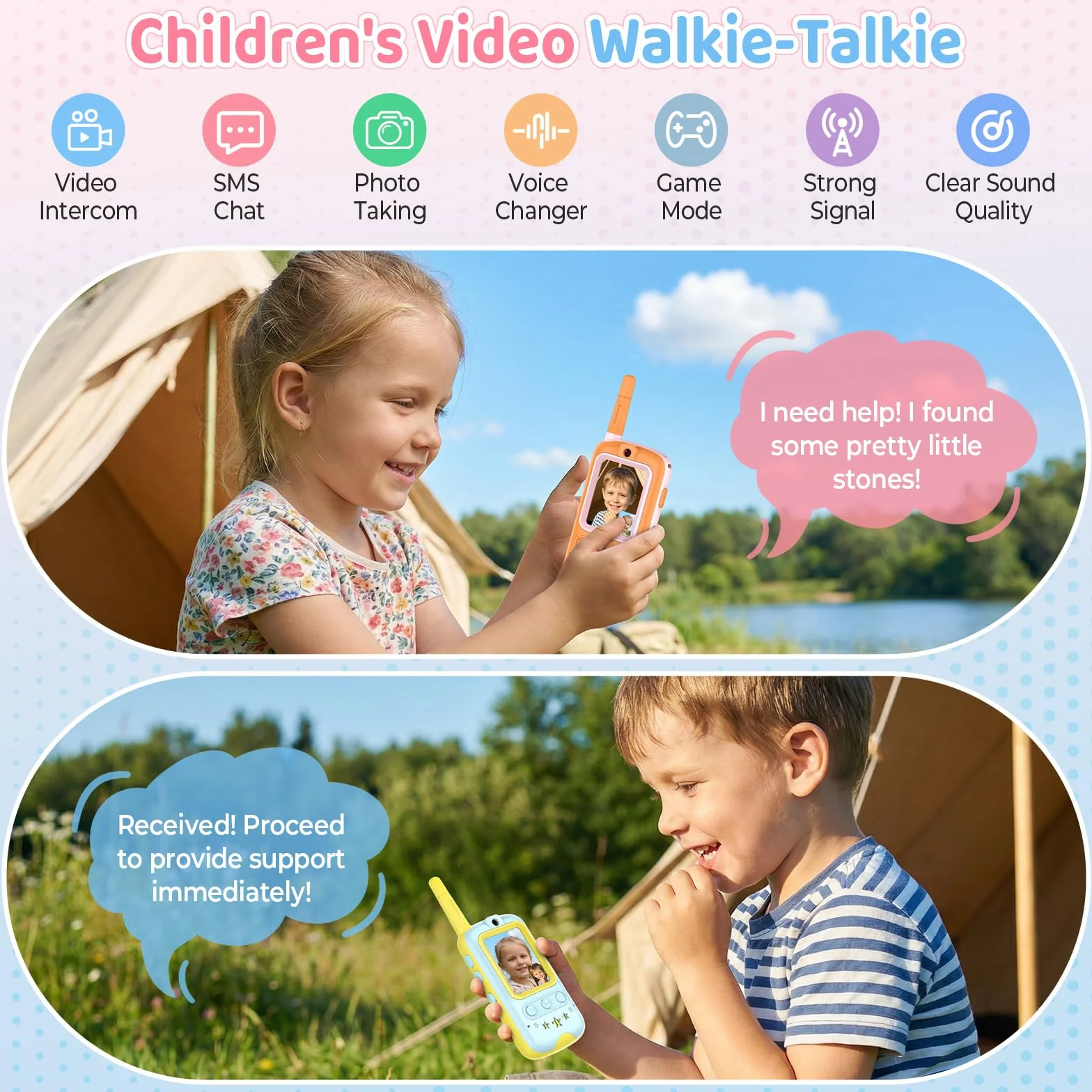 Walkie Talkie Bambini con Videocamera HD e Cambia Voce, Gioco Interattivo, Giallo + Arancione