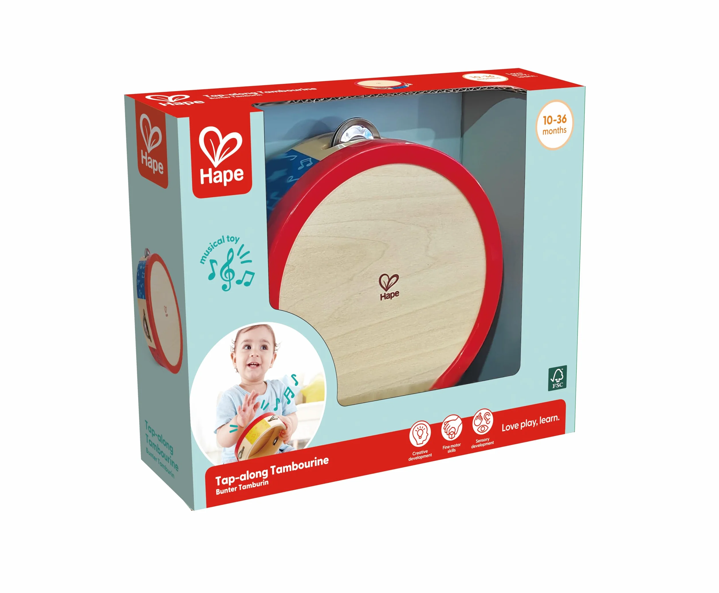 Hape Tamburello in legno 2 in 1 | Tamburello per creare tanti suoni | A partire dai 12 mesi