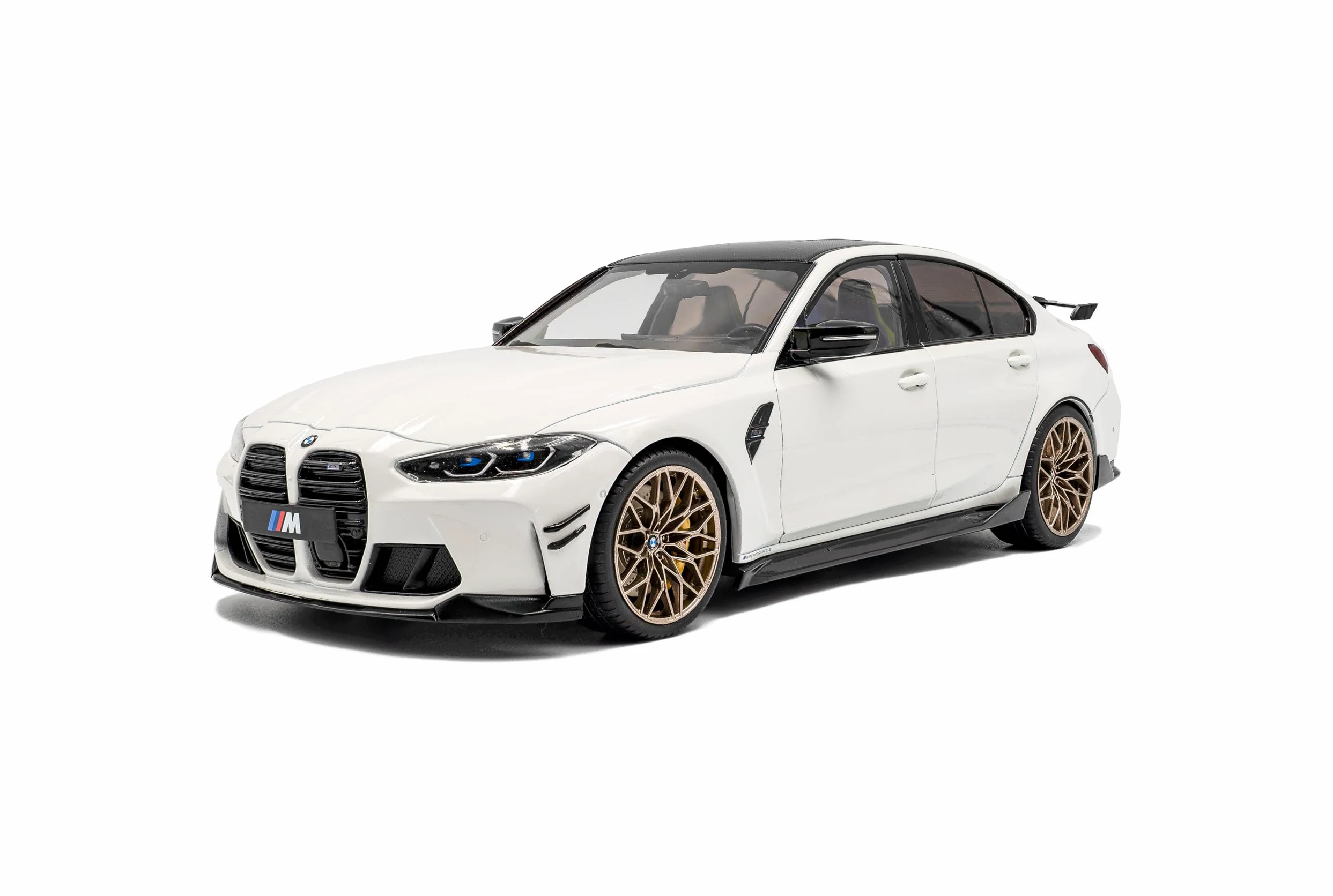 Solido BMW M3 (G80) - berlina sportiva con doppio raggio, accenti neri, cerchi in bronzo, dettagli aerodetails, Diecast modellino auto, bianco alpino, tinta unita, 1:18