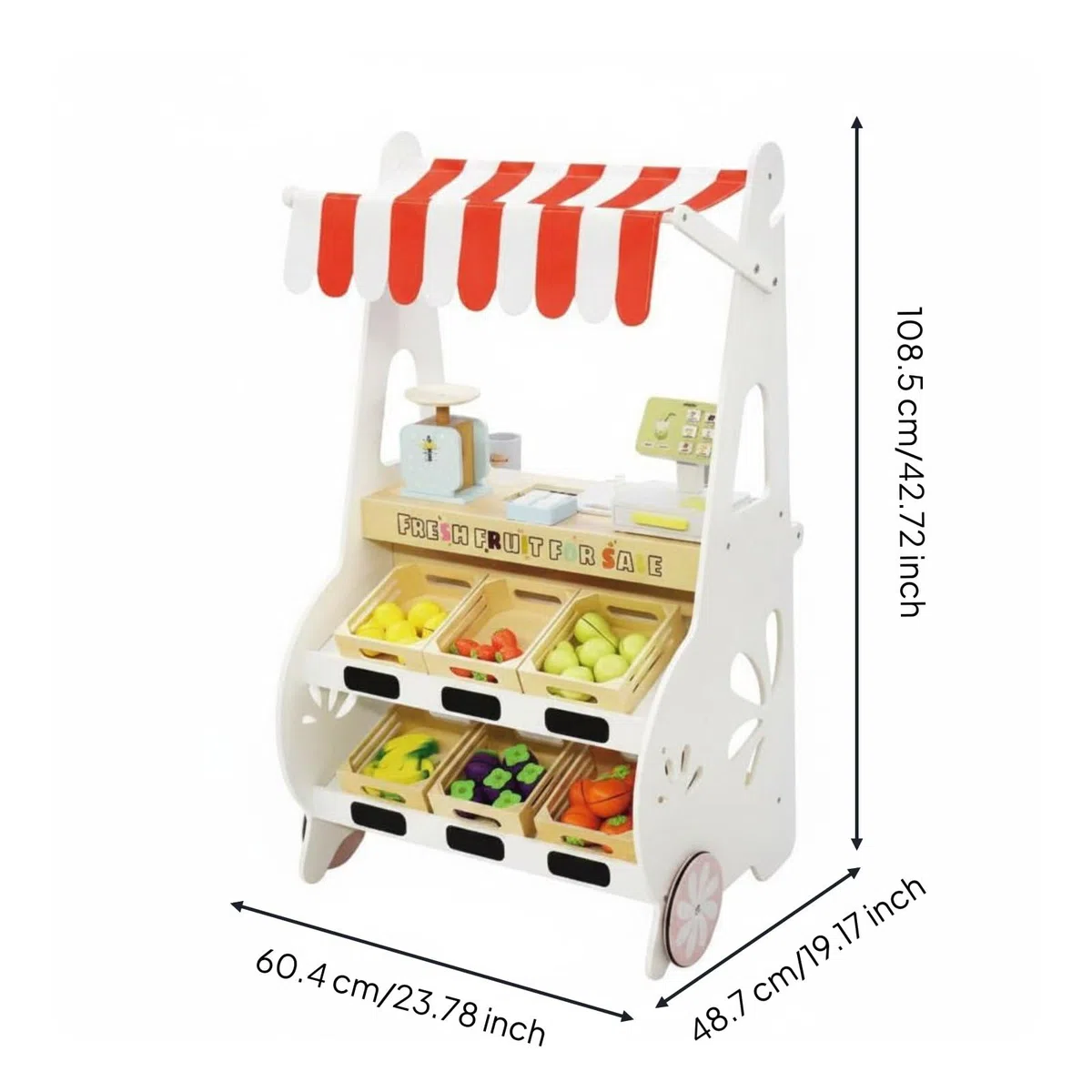 Children Play Store Banchetto Negozio Frutta Bambini Banco Mercato Chiosco Legno con Ruote E Cassetto Ghiaccio Area Cassa E Accessori Inclusi Adatto