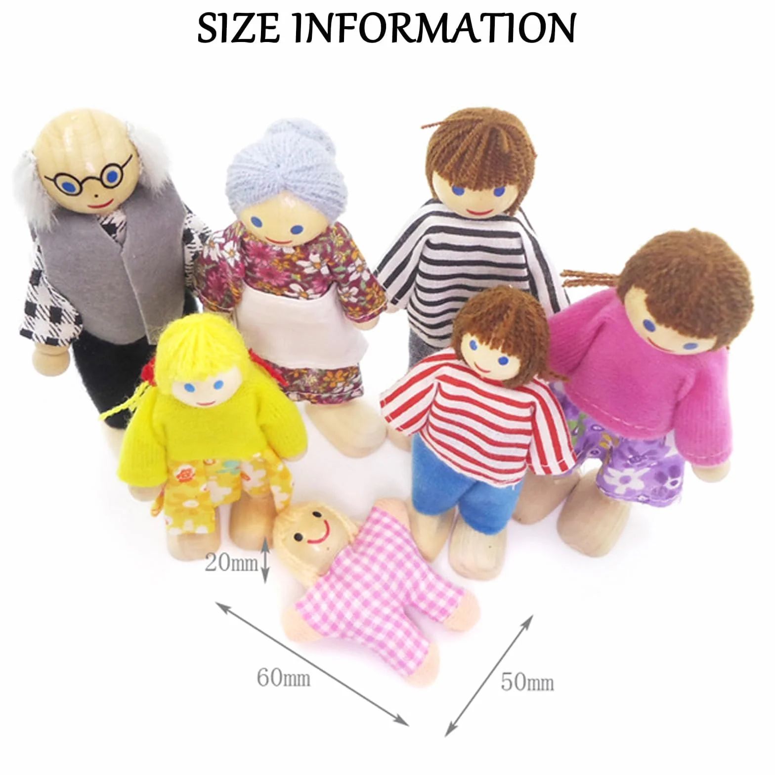 BDSHUNBF Casa delle bambole in Legno, Set di 7 Persone, Famiglia Bambole, Set Famiglia di Persone, Happy Family Dolls per Casa Bambole Legno Accessori Regalo