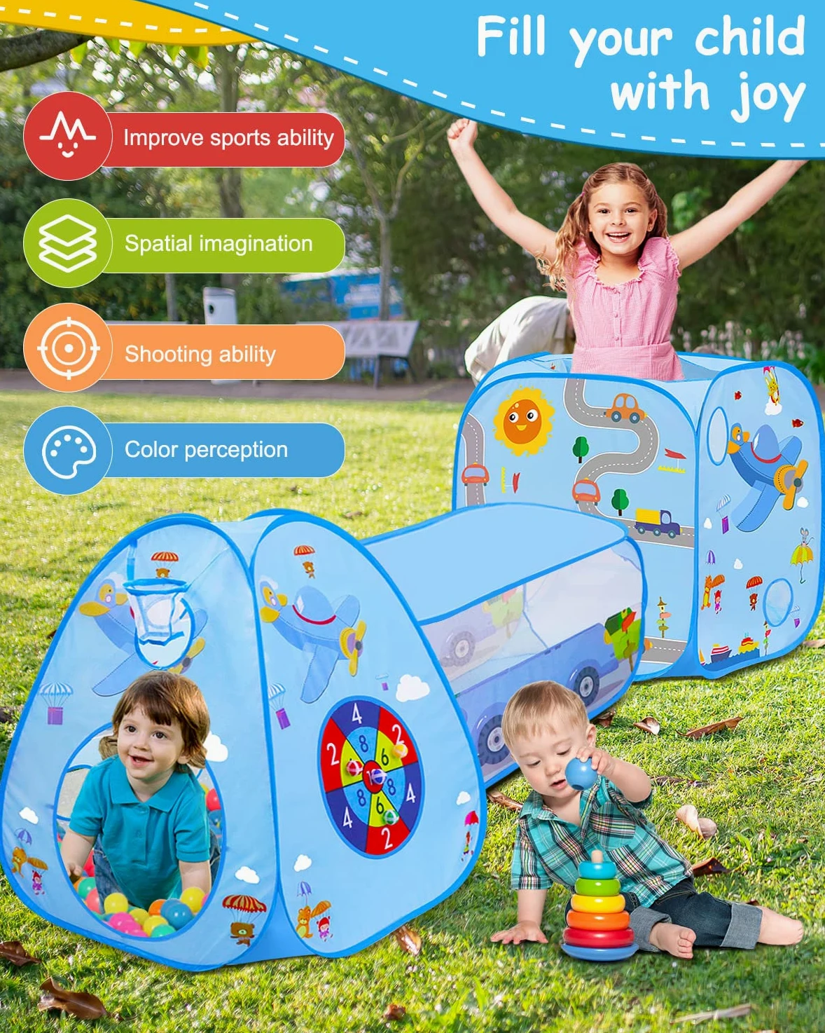 MAIKEHIGH Tende giocattolo Blue Plane, 3 in 1 Pop-Up Tunnel Gioco | Piscina Palline da Gioco all'Aperto al Coperto con Casetta Giocattolo Regalo per Neonate Ragazzi