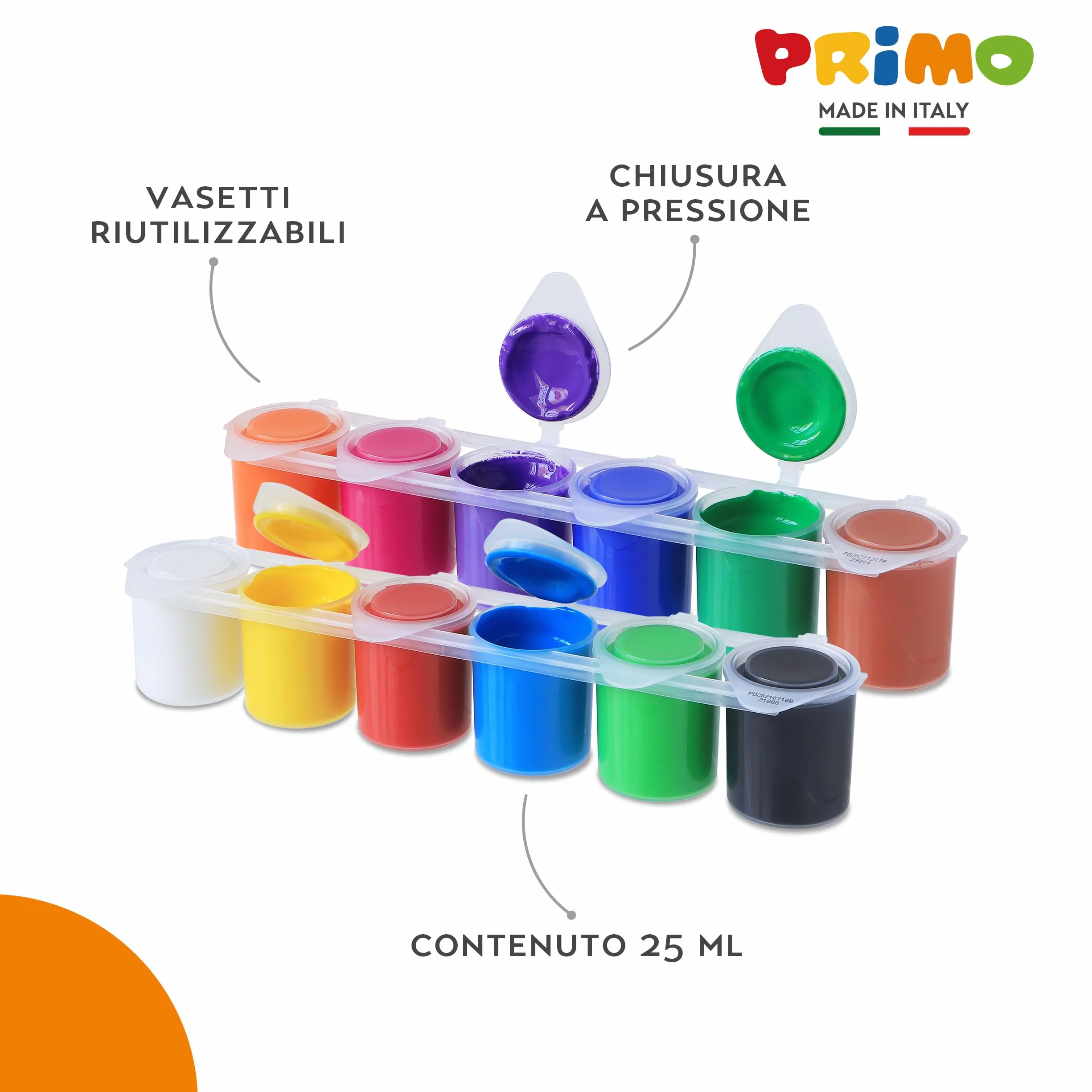 PRIMO - Tempere Lavabili per Bambini +3 Anni, 12 Colori per Bambini 25 ml in Vasetto Validi come Colori per Tessuti e Lavoretti Creativi, Pittura per Tessuti, Carta e Vetro, Colori a Tempera Coprenti