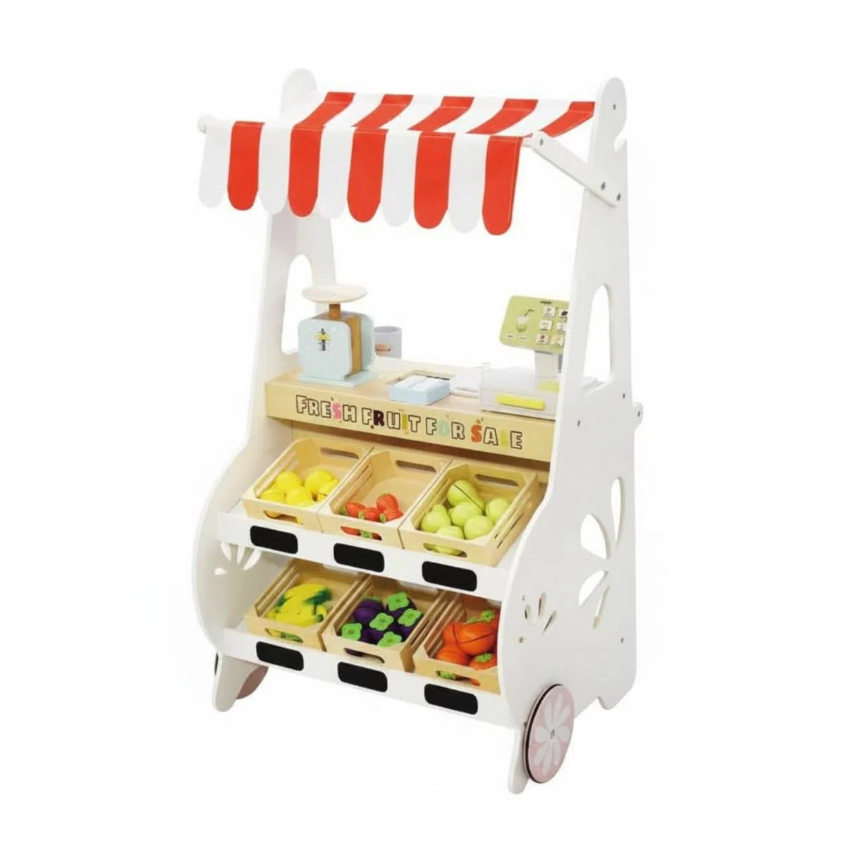 Children Play Store Banchetto Negozio Frutta Bambini Banco Mercato Chiosco Legno con Ruote E Cassetto Ghiaccio Area Cassa E Accessori Inclusi Adatto