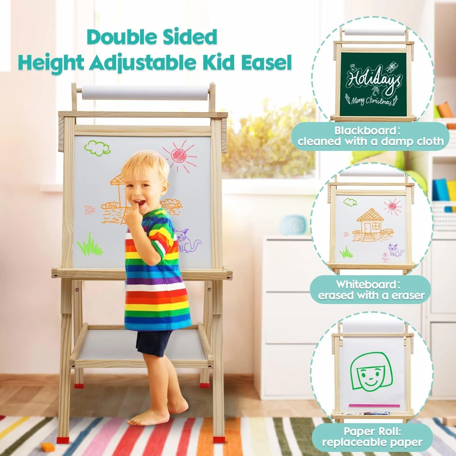 Lavagna in Legno per Bambini, Altezza Regolabile Cavalletto per Bambini con Rotolo di Carta, Lavagna Bianca su Due Lati, con Numeri e Altri Accessori per 3 + Anni Regalo