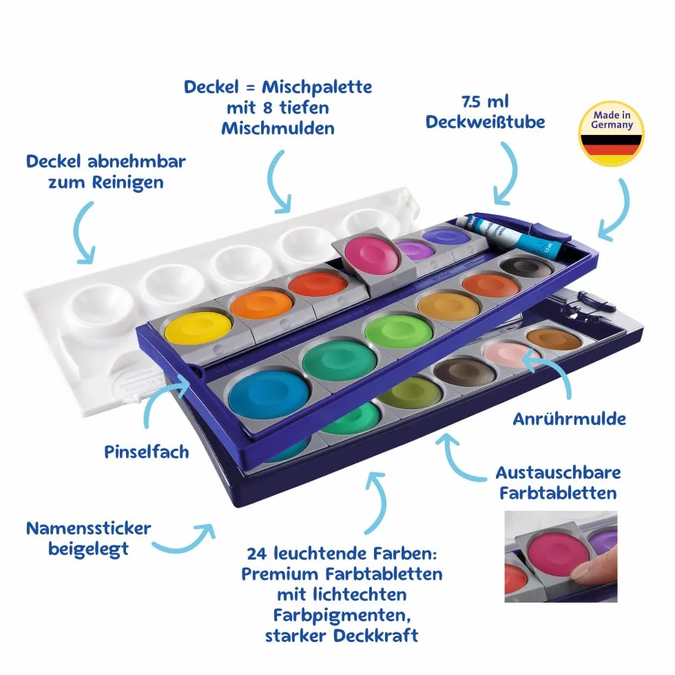 Pelikan Acquerelli, 24 Colori e 1 Tubetto di Bianco, Tavolozza Integrata, Set Colori Acquarello Per Dipingere, Set Portatile, Prodotto in Germania