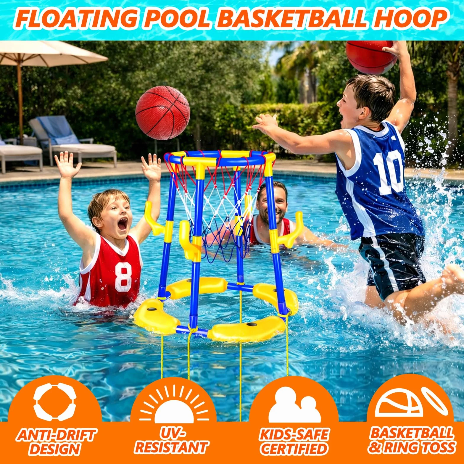 Set di canestro da basket per piscina Doviden _ Canestro da basket galleggiante per piscina con 4 palline da acqua, pompa e anelli, giocattolo da piscina 2-in-1 per adulti per adolescenti/bambini per