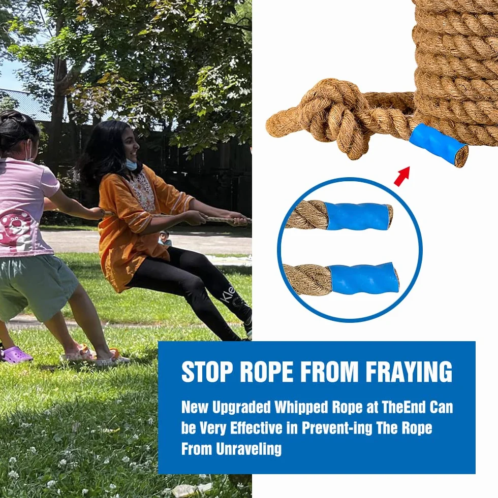 Corda da tiro alla fune con bandiera, per bambini e adulti, morbida corda in fibra di iuta naturale, per feste in campo, team building, feste, campeggio, cortile, giochi all'aperto, lunghezza 6 m,