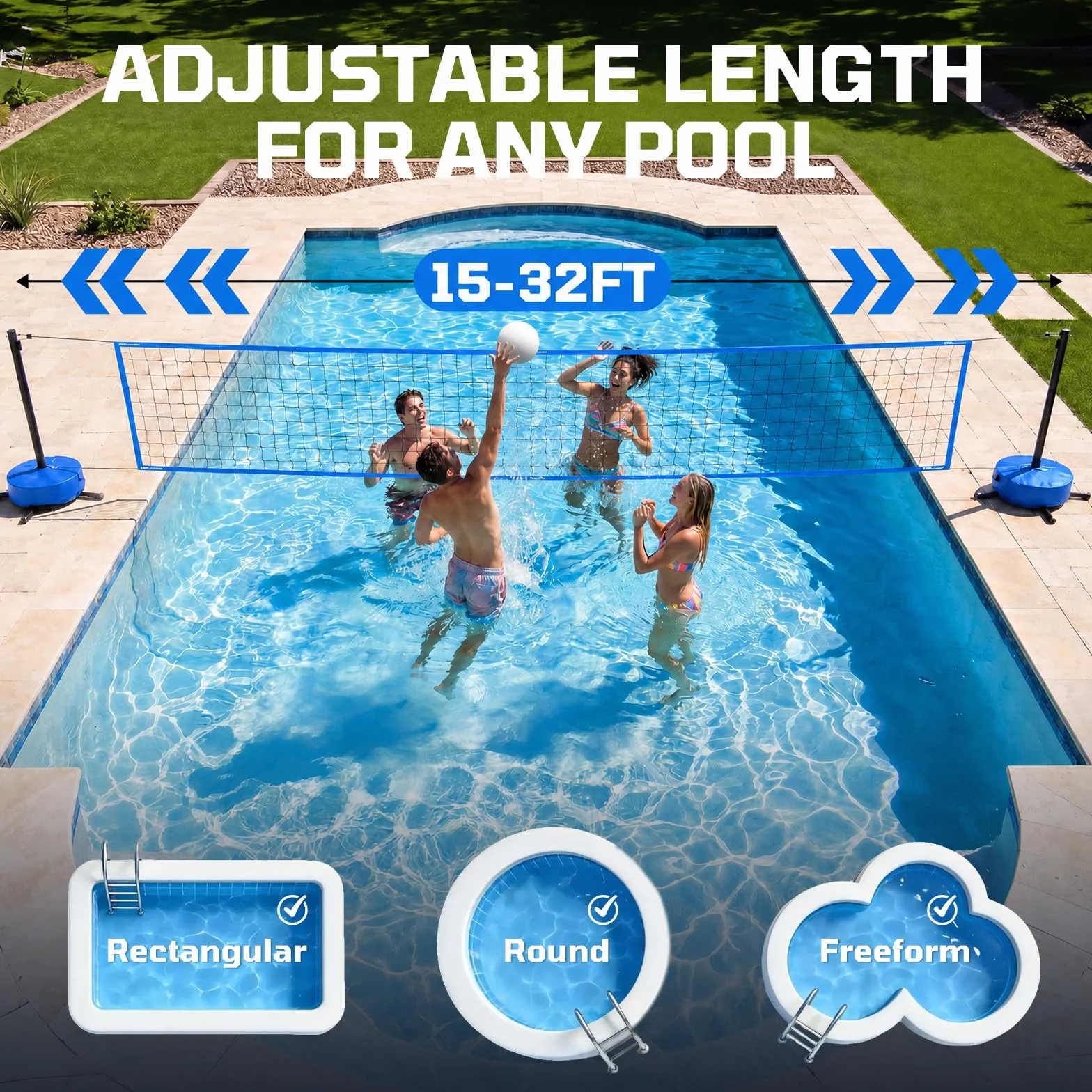 Haokelball Rete da pallavolo da piscina con luce, set da pallavolo da 4,5 a 9,5 m, lunghezza regolabile, rete da pallavolo per piscina con base ponderata, 2 palline da pallavolo Glow e pompa per