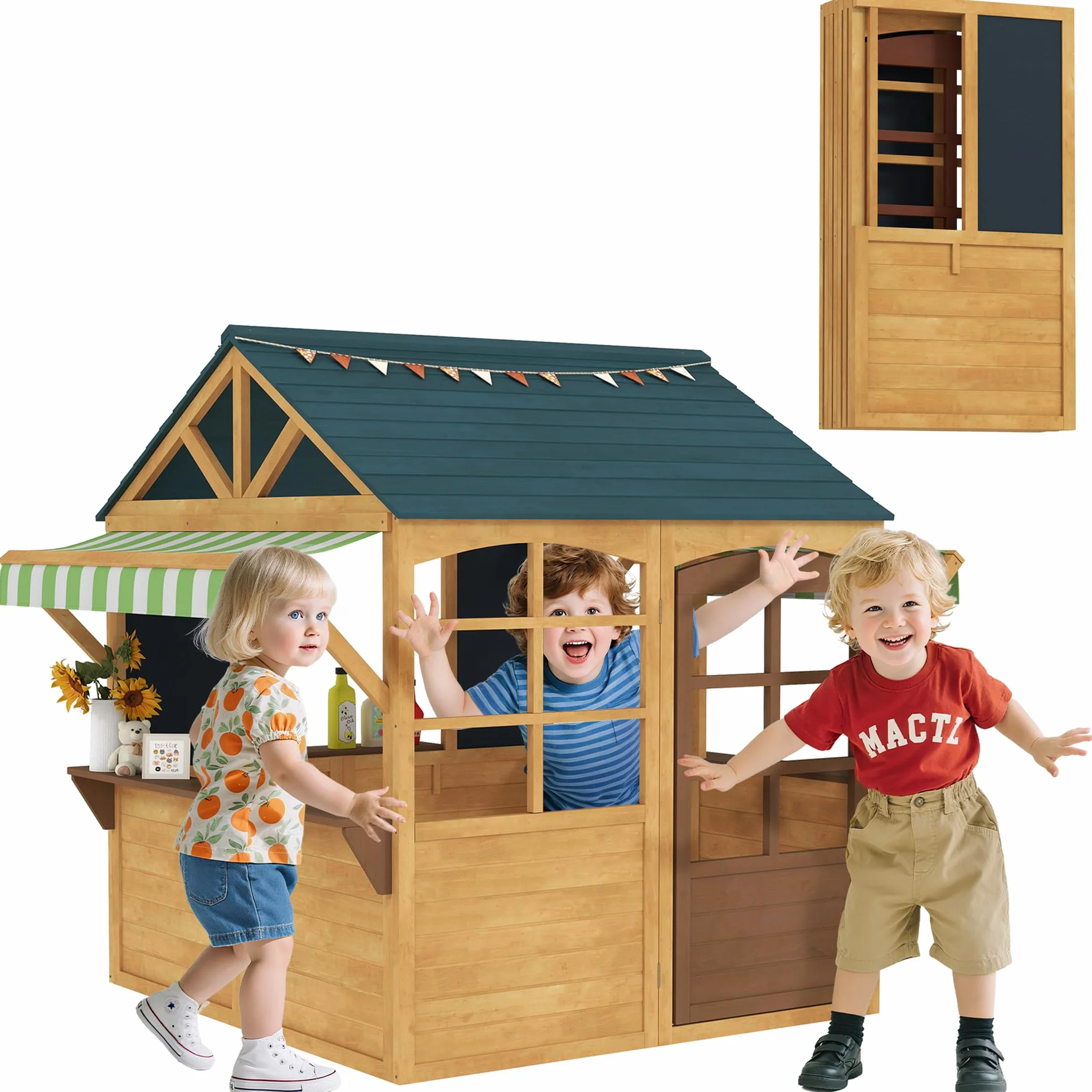 AIYAPLAY Casetta per Bambini in Legno di Abete, Casetta da Giardino Pieghevole con 5 Finestre, Tettoia, Porta e 2 Lavagne Nere, Casa da Esterno per Bimbi 3-8 Anni, 173x117x144 cm, Marrone