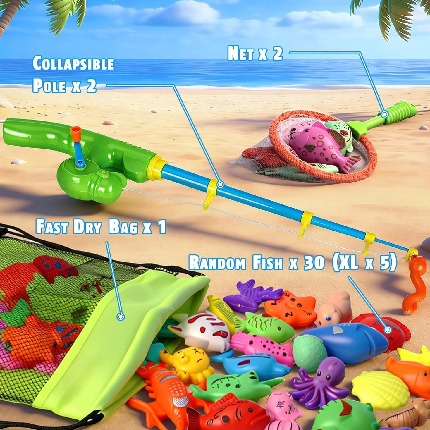 Gioco di Pesca Magnetico per Bambini 3 4 5 Anni - 30 Pezzi Giocattoli da Bagnetto e Piscina - Set Pesca con 2 Canne da Pesca e Custodia - Regalo Estivo per Mare, Giardino e Spiaggia