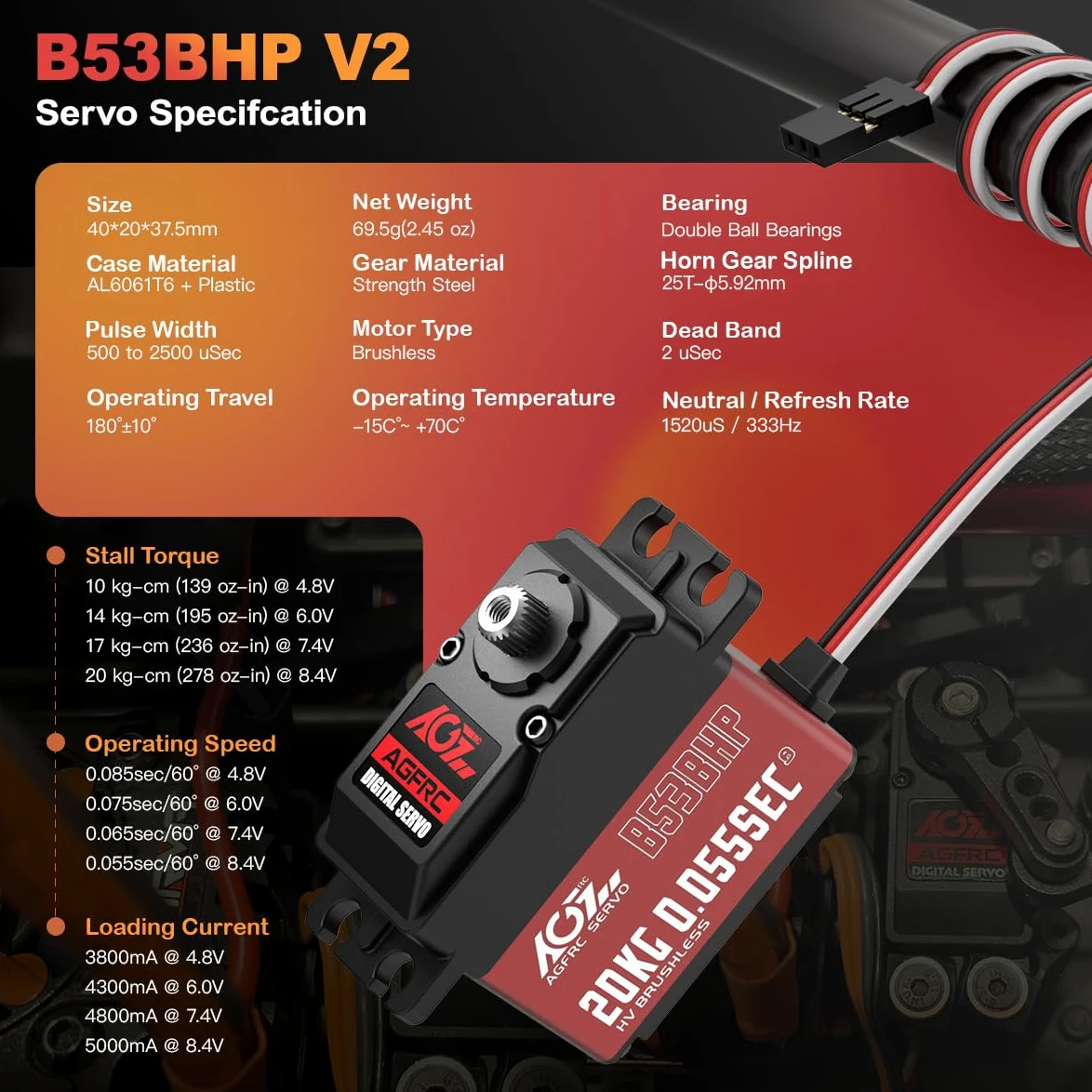 AGFRC Sterzo senza spazzole ad alta velocità RC-Servo-Motor - Servo digitale 0.055s con ingranaggio in metallo per cingoli per auto 1/10 RC (B53BHP V2)