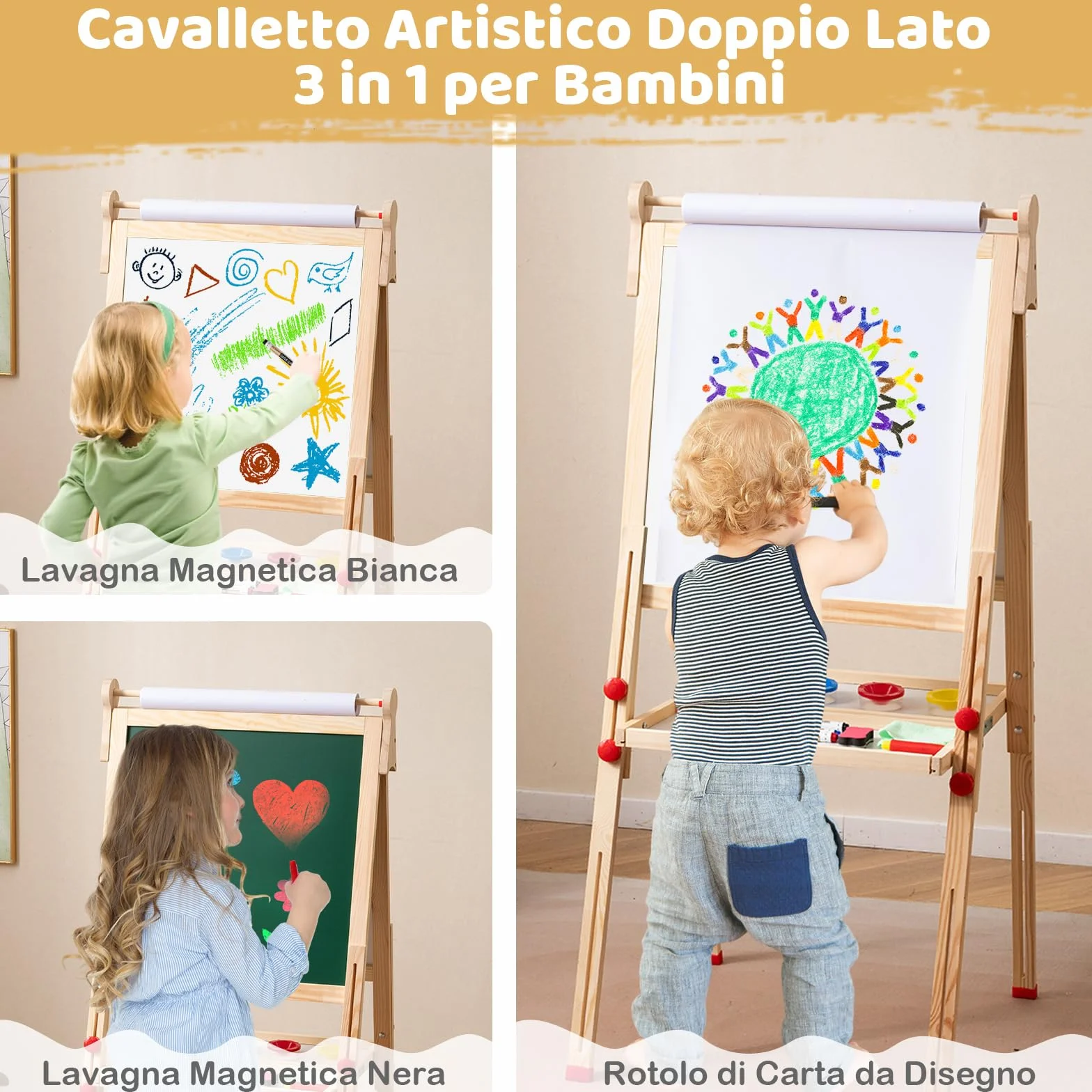 COSTWAY 3 in 1 Cavalletto per Bambini, Cavalletto Artistico in Legno con Doppia Faccia Magnetico, Lavagna Bianca, Lavagna Nera e Rotolo di Carta, Pieghevole e Altezza Regolabile