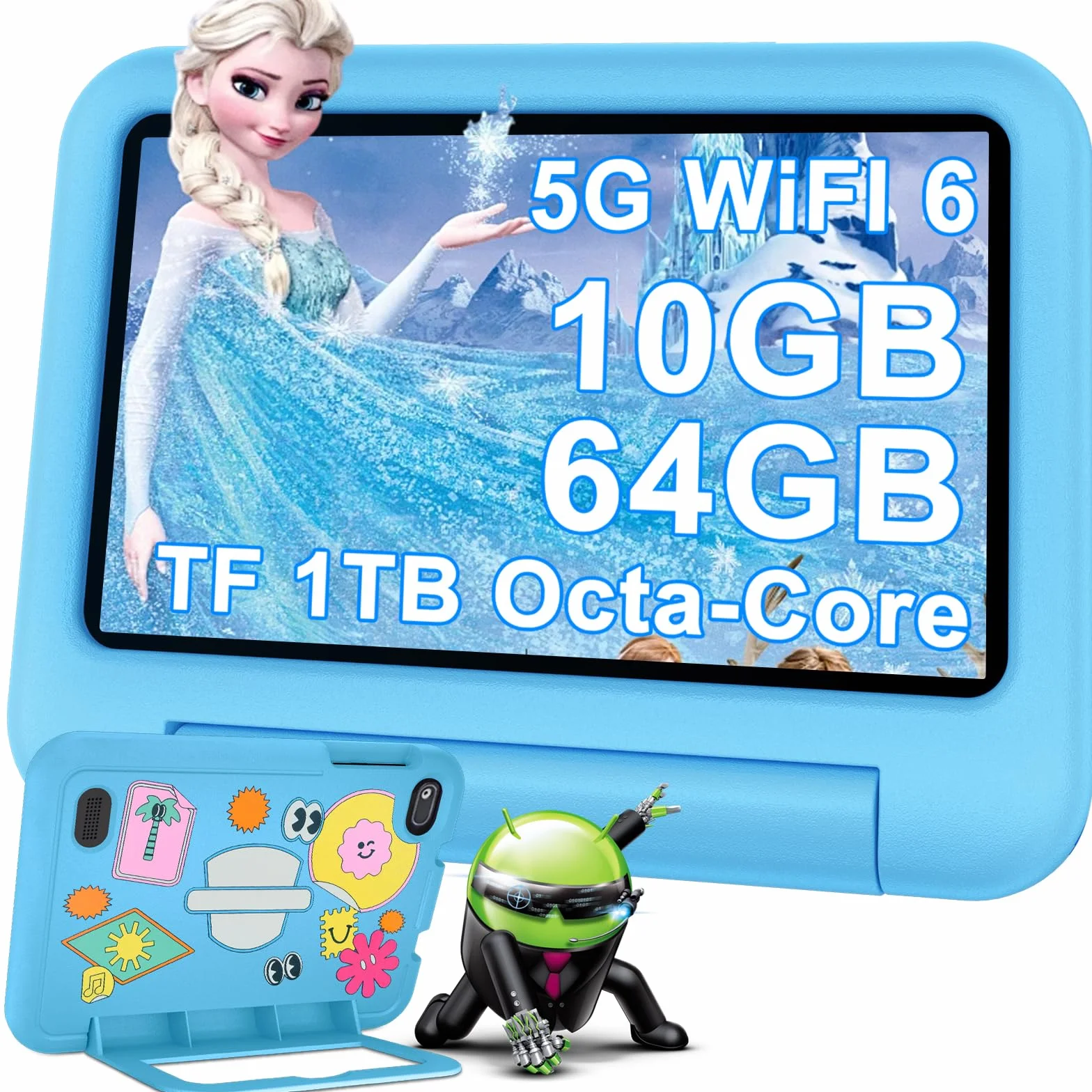 Tablet per Bambini Andorid 14 Tablets 7 Pollici 10GB RAM + 64GB ROM (TF 1TB), 5G WiFi 6, BT5.0, Octa-Core, Controllo Parentale | Doppia Fotocamera | GMS Certificated | GPS | Tablet con Custodia - Blu