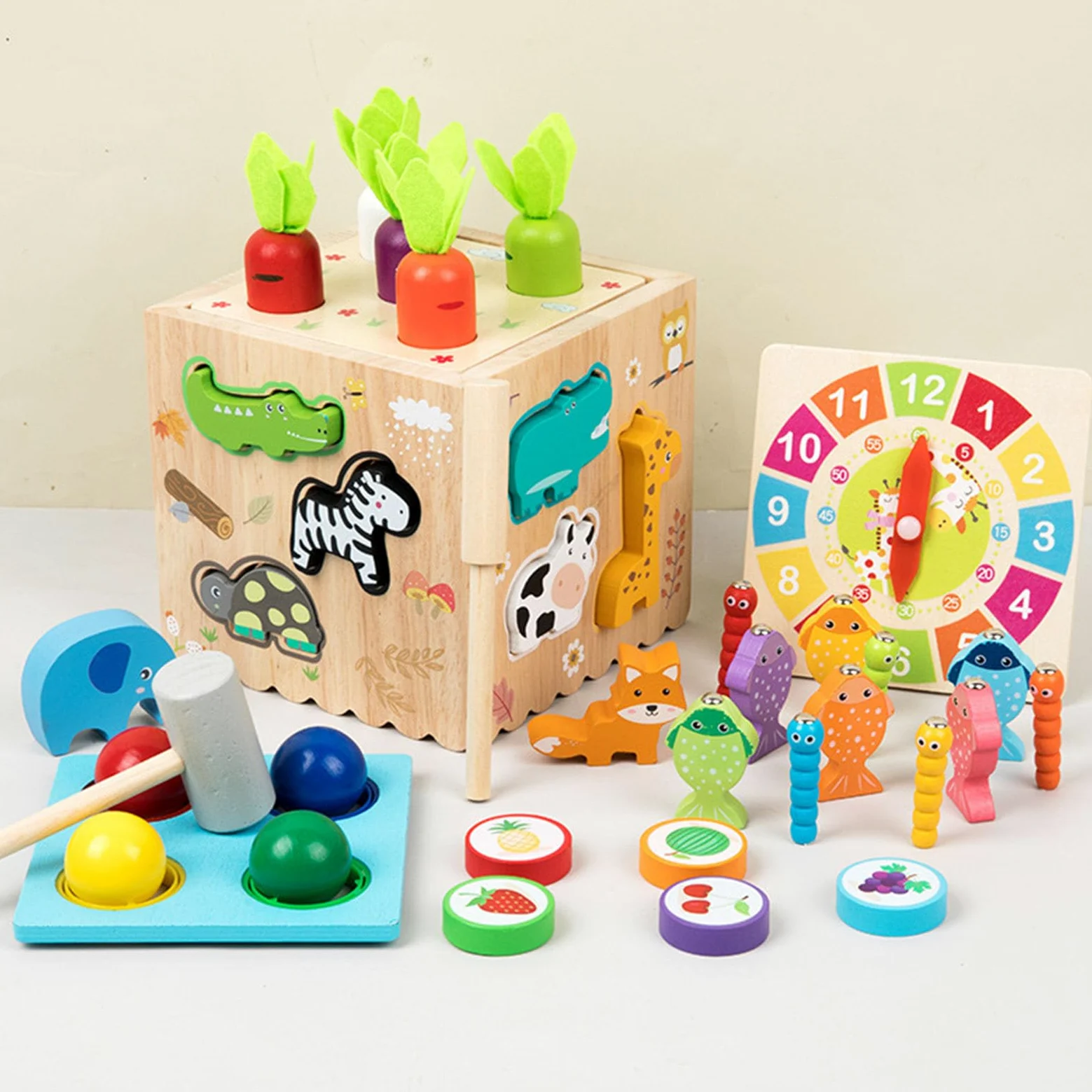 Giocattolo Cubo di attività in Legno Multifunzionale, Set Gioco Educativo Montessori con Martello