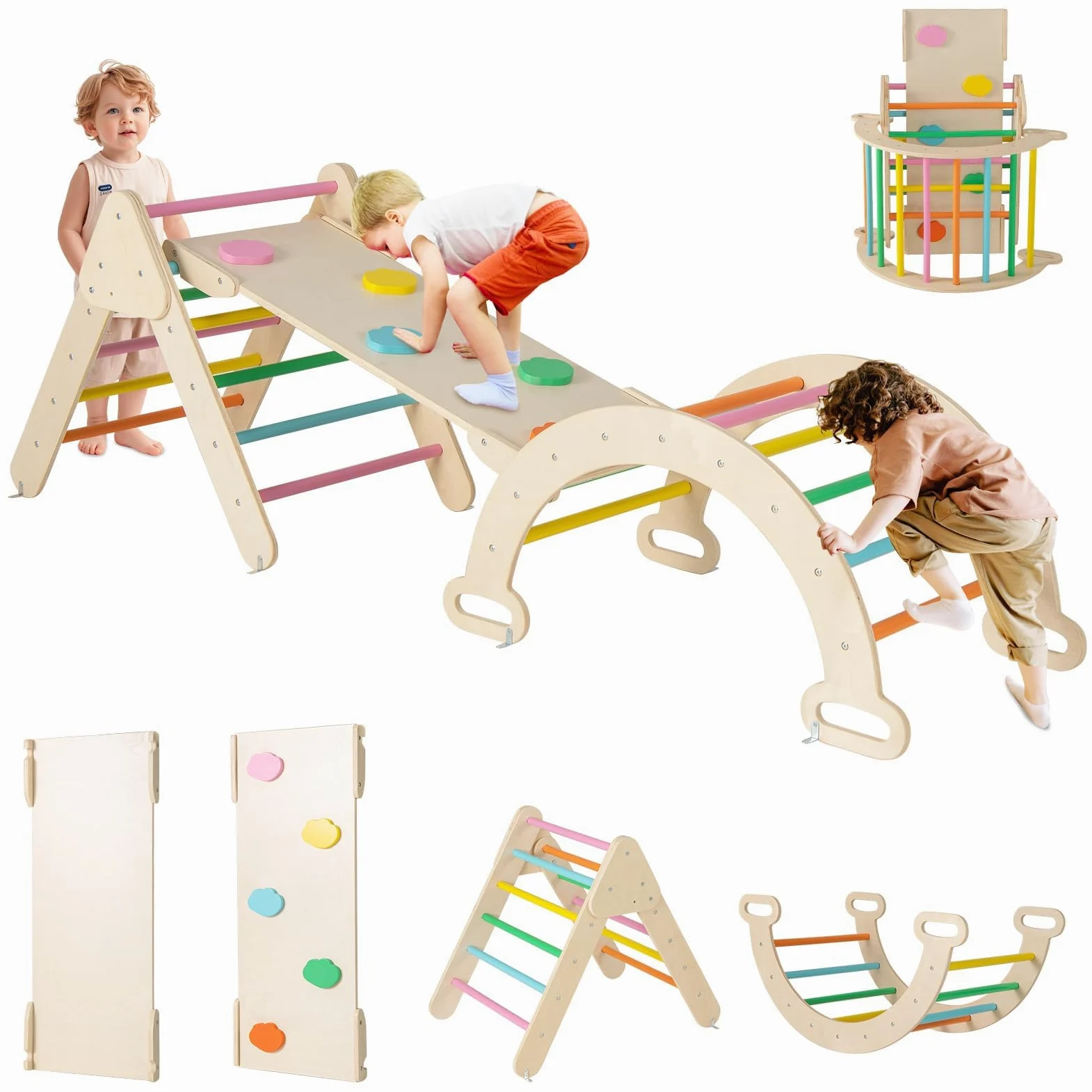 RELAX4LIFE 4 in 1 Triangolo da Arrampicata con Scivolo per Bambini, Arco da Arrampicata e Scala per Arrampicarsi in Legno, Montessori Giocattoli Bimbi 2 3 4 5 Anni