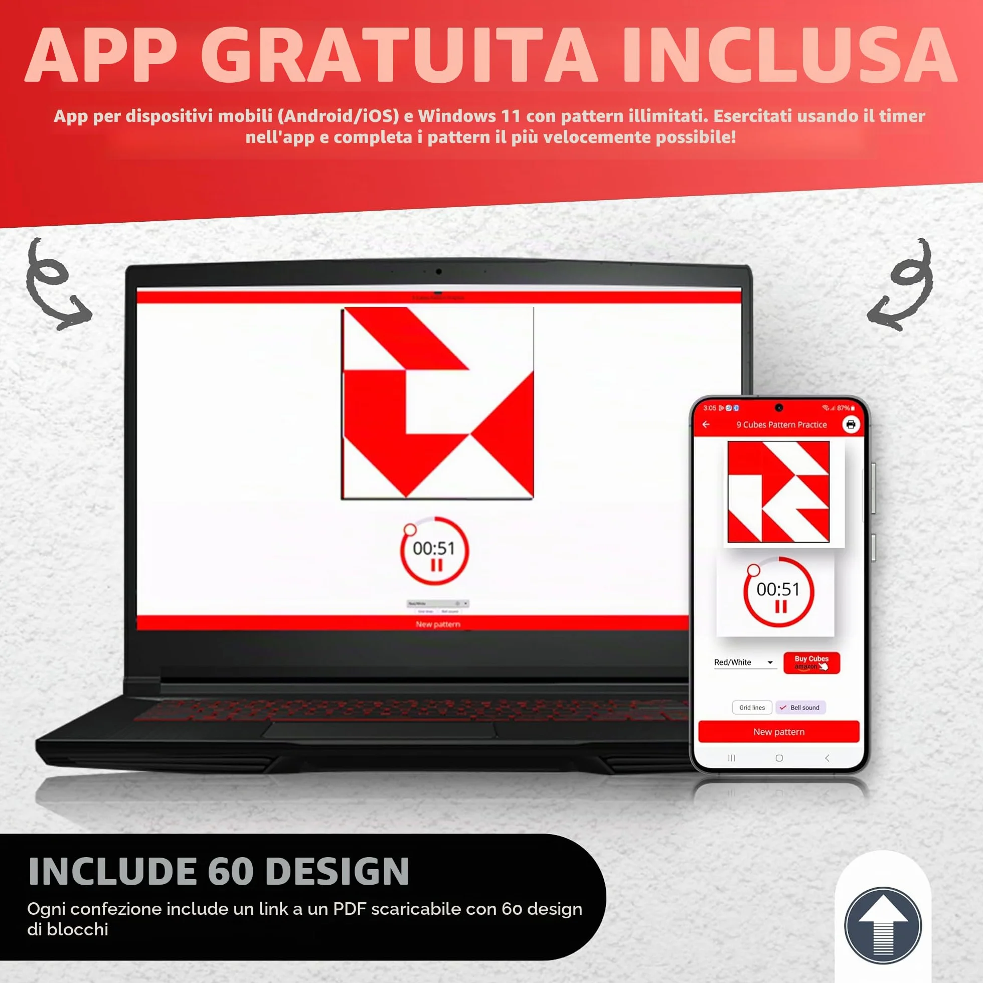 PrfcNL Blocchi di Prova IQ - 9 Cubi in Legno Bianco e Rosso con 60 Modelli e App Mobile, Ideali per WISC, WAIS, Prep WPPSI, Giocattolo Regalo Montessori Educativo STEM per Tutte le Età