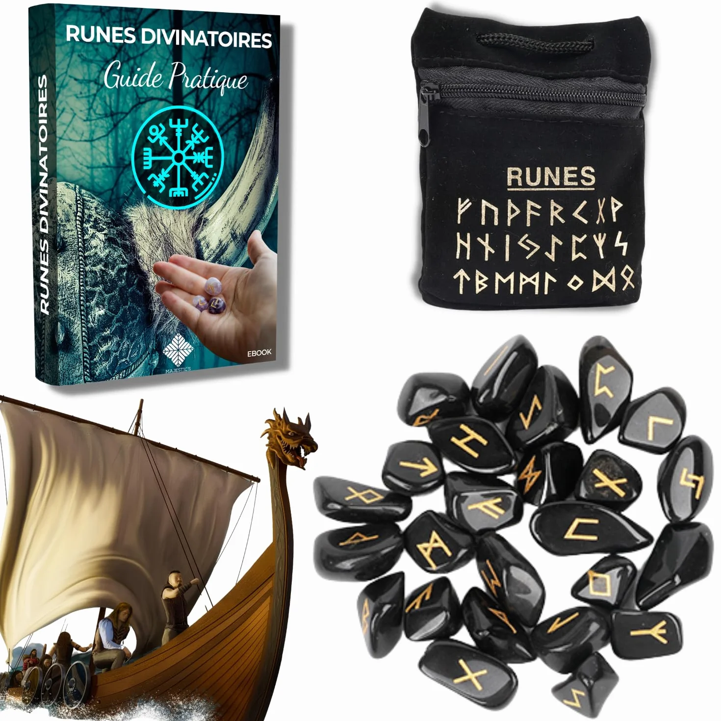 Rune Celtiche Vichinghe Ossidiana Nera, Set x25 Pietre Lucide Semi Preziose Incise (2 cm x 1 cm) + Sacchetto Nero + Libro Pratico (PDF) - Alfabeto runico Futhark per divinazione e cartomanzia