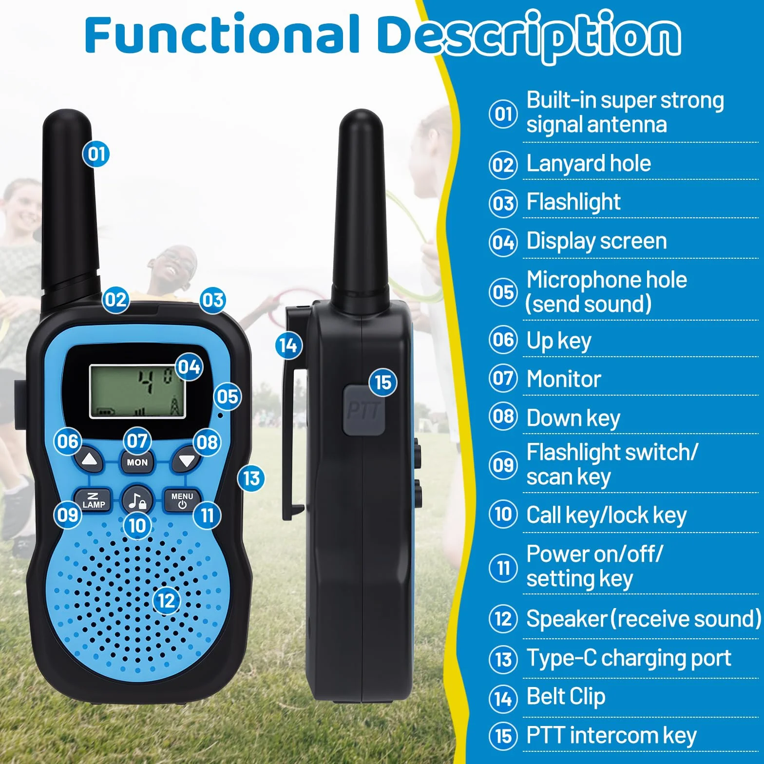 Walkie Talkie Bambini Ricaricabili 3 Pezzi con Batteria per 3-12 Anni Campeggio