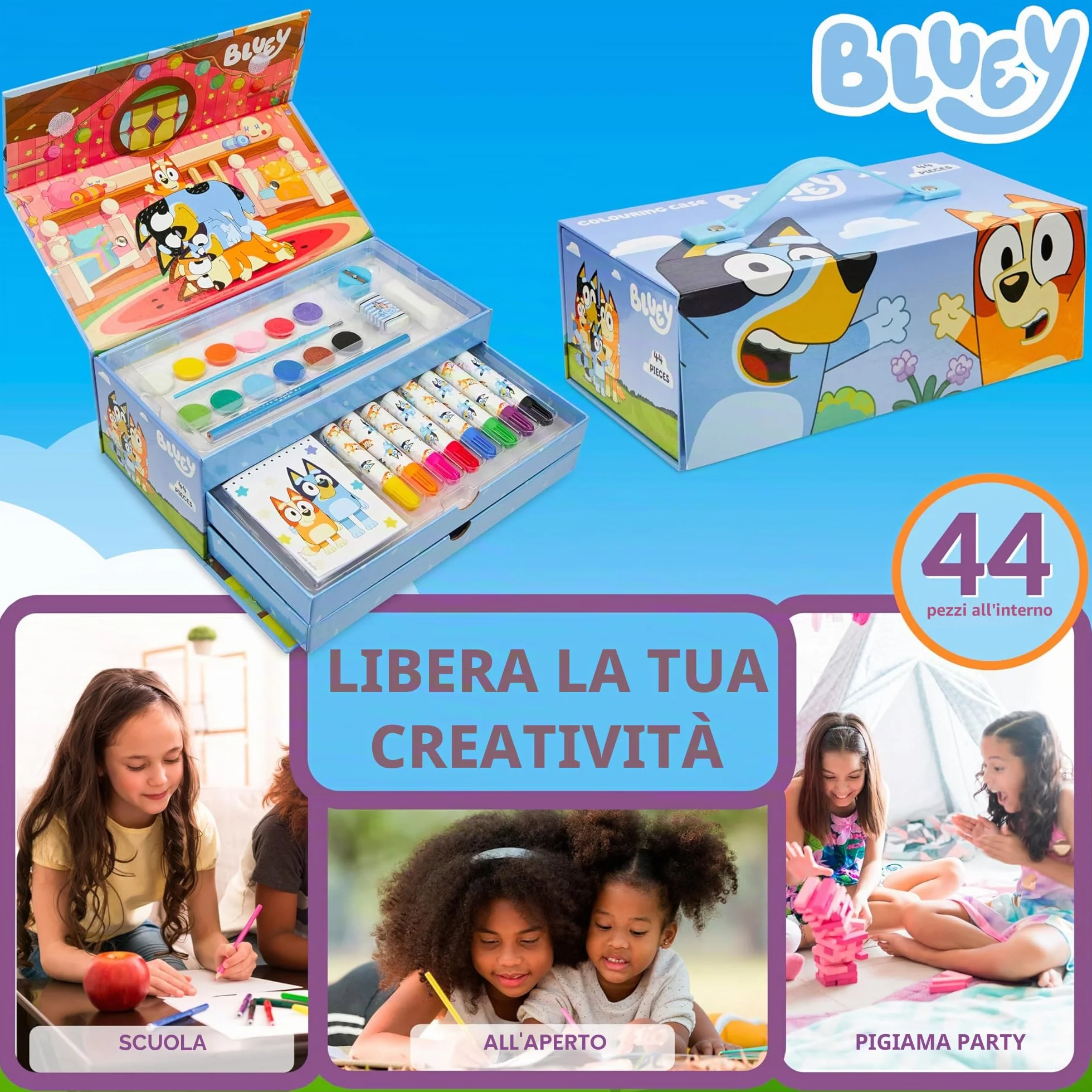 Bluey Valigetta Colori per Bambini, Set Disegno con Penne e Pastelli, Regali Bambini (Blu 3 livelli)