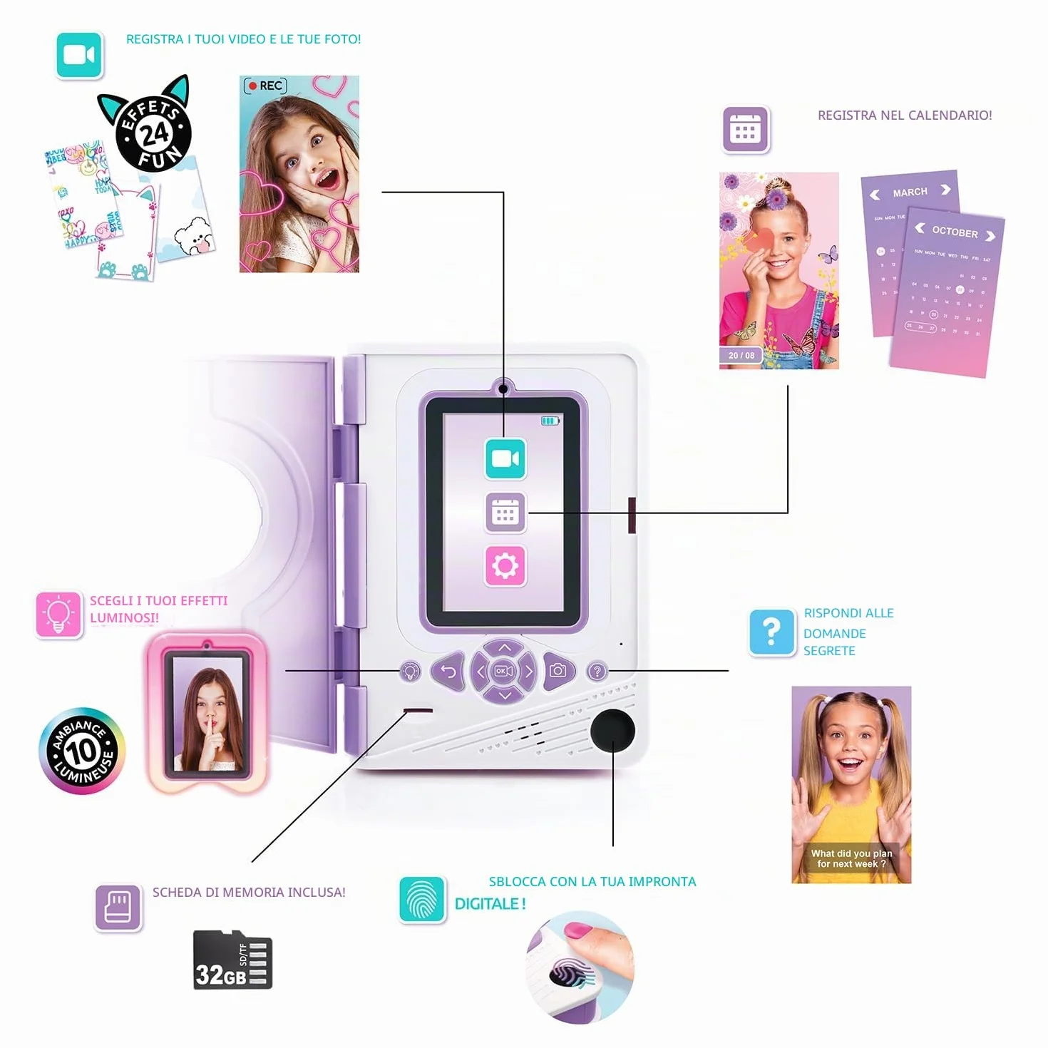 Canal Toys Diario Segreto Video Bambini Viola - 32 GB Registra Video Foto Impronta Digitale 24 Effetti LED