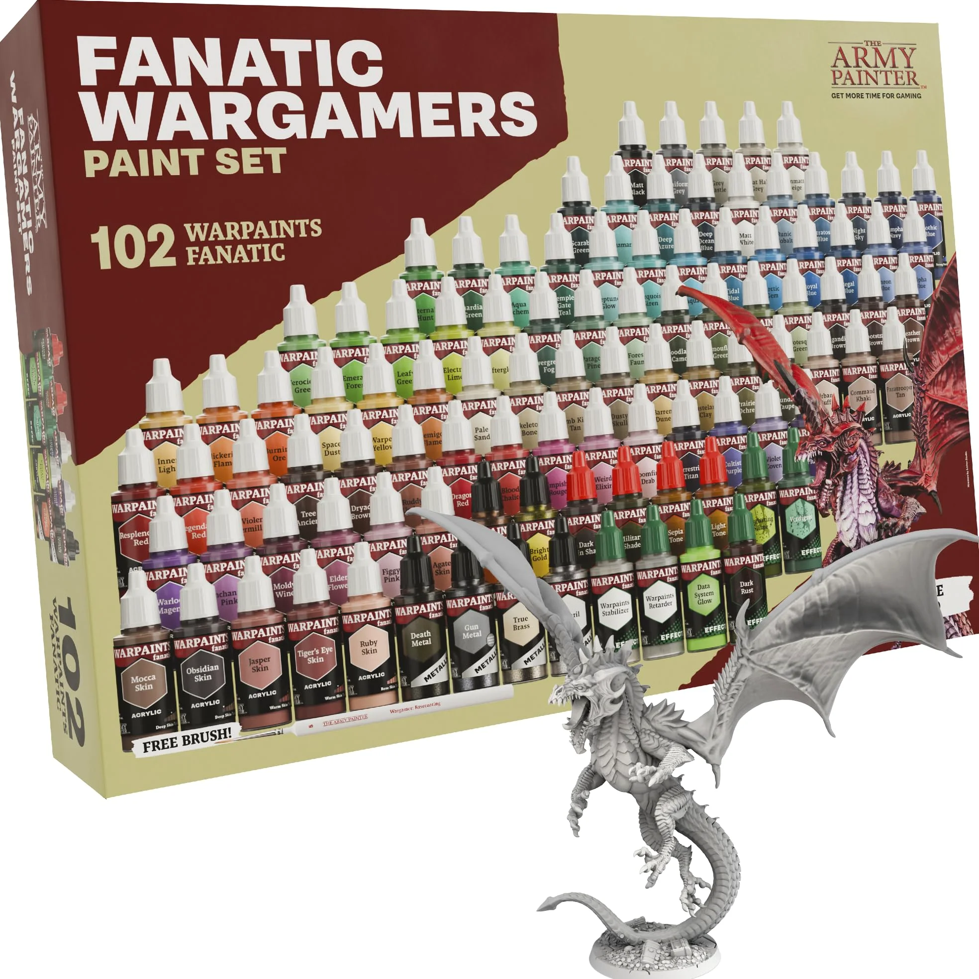 The Army Painter, Warpaints Fanatic Wargamers Paint Set, 102 x 18 ml | Metallici, wash, effetti, 1 pennello e 1 miniatura, colori per D&D e Warhammer