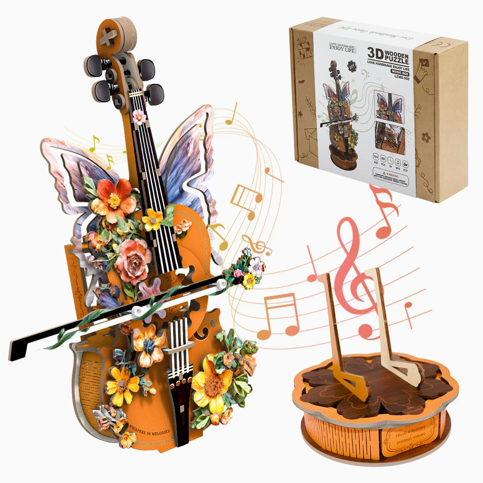 Puzzle 3D in legno per adulti con violoncello musicale - Kit modello meccanico fai da te con farfalla floreale - Regali creativi per donne e amanti della musica suona per Elise
