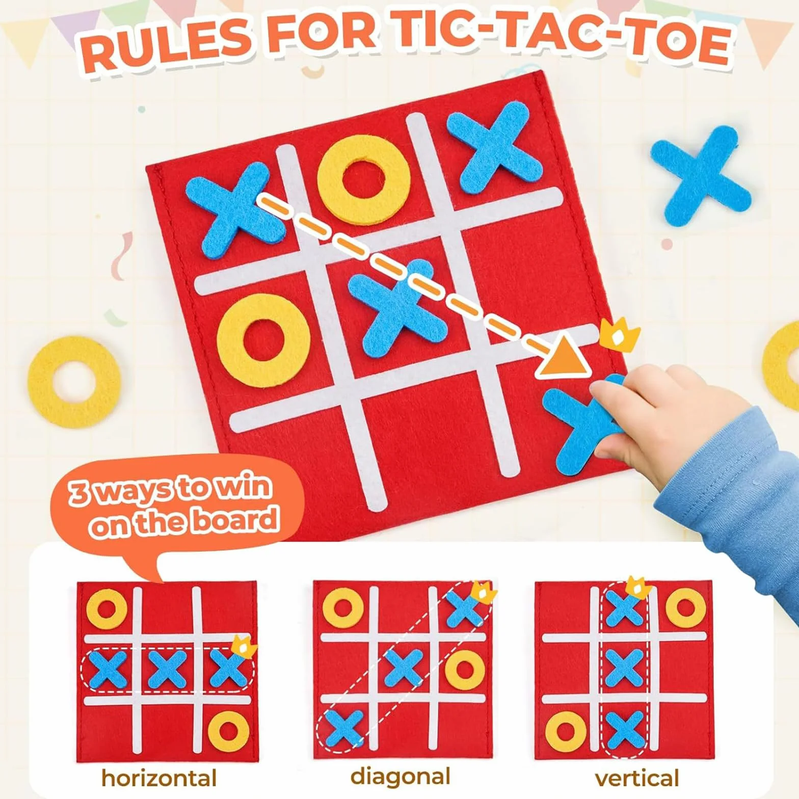 6 Pezzi Giochi Tris in Feltro 12x12 cm, Set Tic Tac Toe Portatile per Bambini, Gioco da Viaggio per Feste Compleanno Scuola (Rosso, Giallo, Blu)