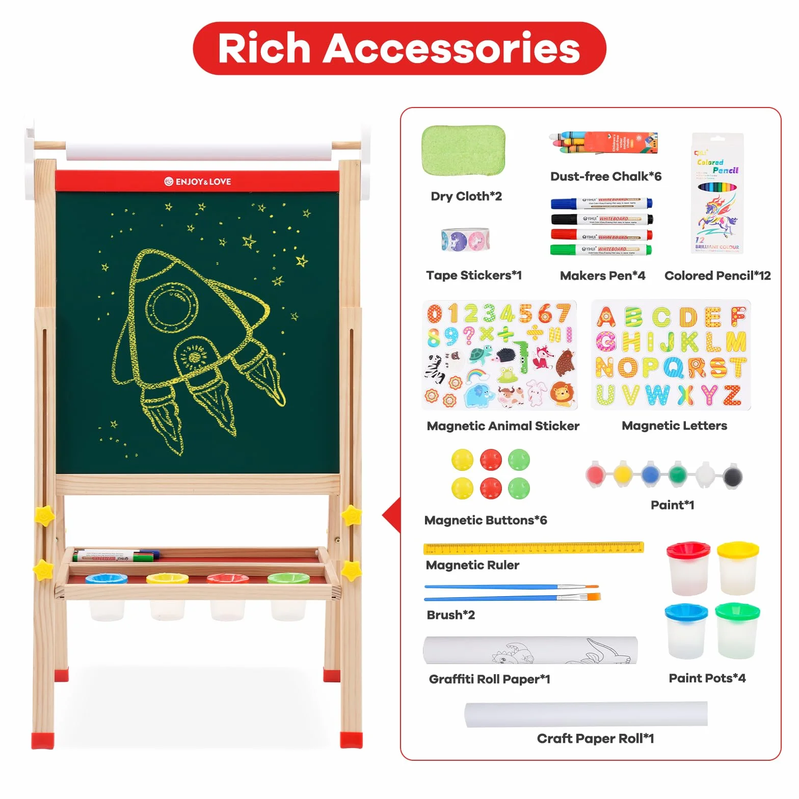 Cavalletto in Legno 2 in 1 per Bambini Lavagna Pieghevole Regolabile Altezza con Carta in Rotolo Colorabile 3-12 Anni