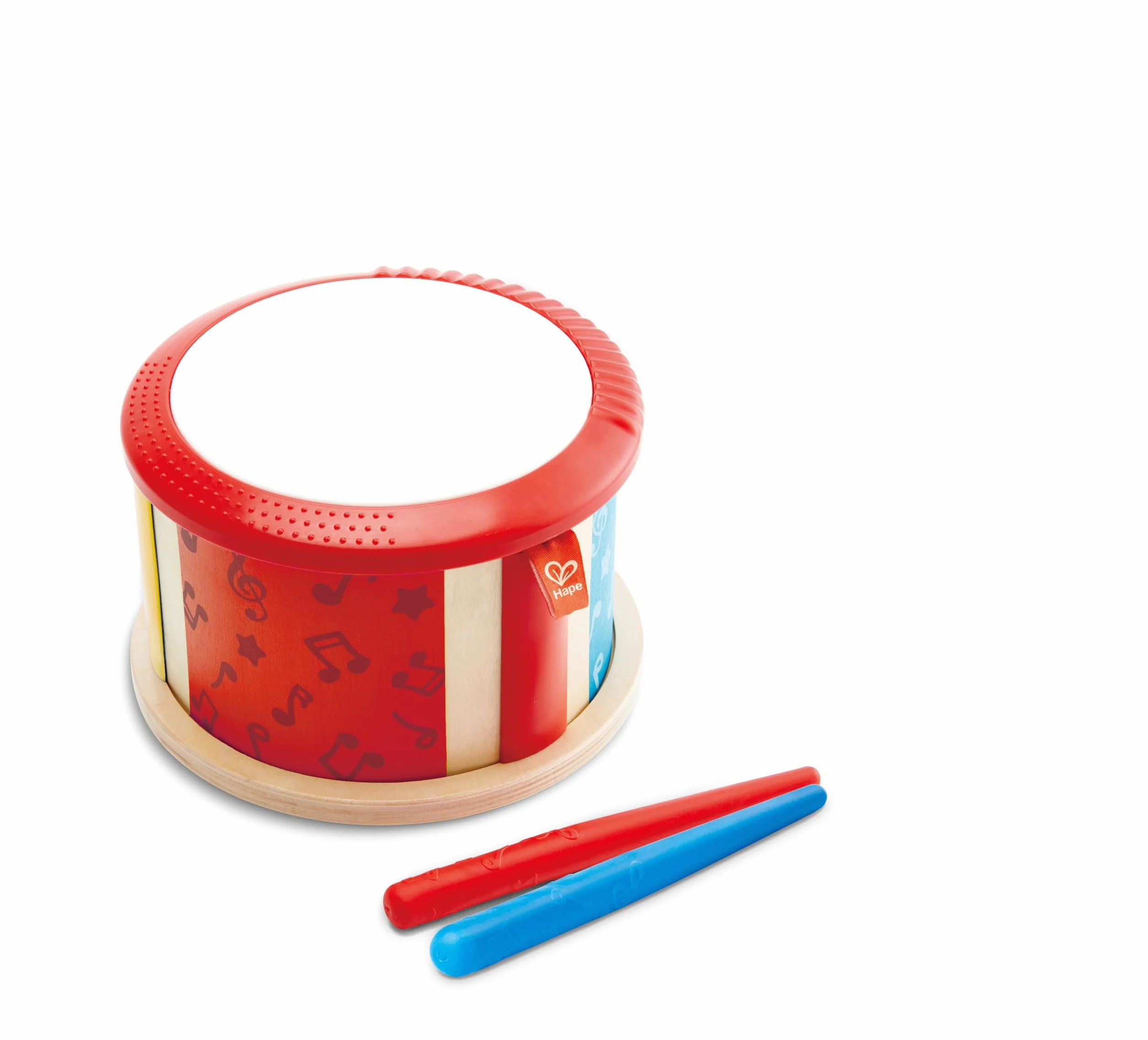 Hape Tamburo a due facce con bacchetta in legno | Diverse modalità di uso per esplorare suoni e musica dai 12 mesi
