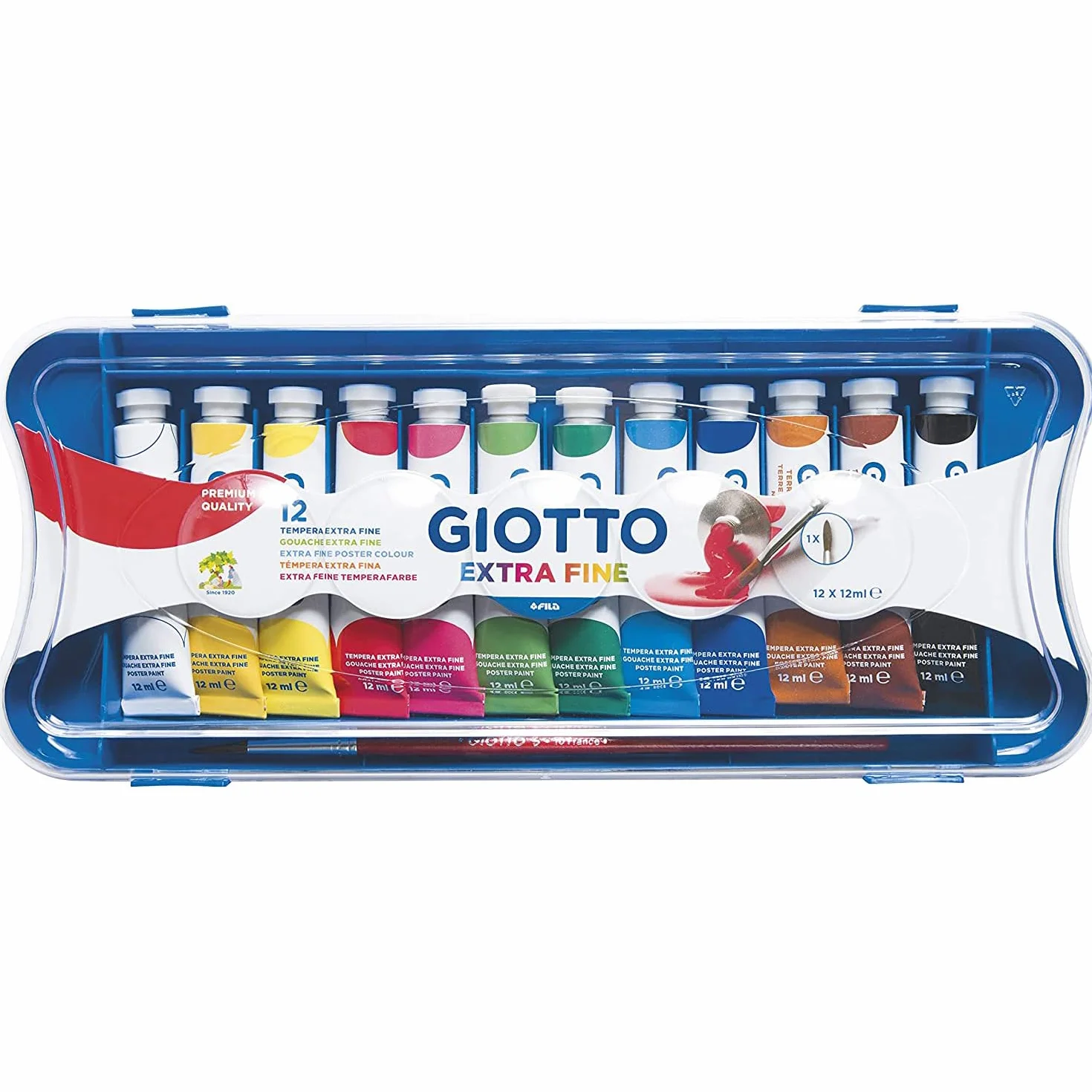 GIOTTO Extra Fine - Astuccio da 12 Tempere Extra Fine in Tubetto + 1 Pennello, 12ml