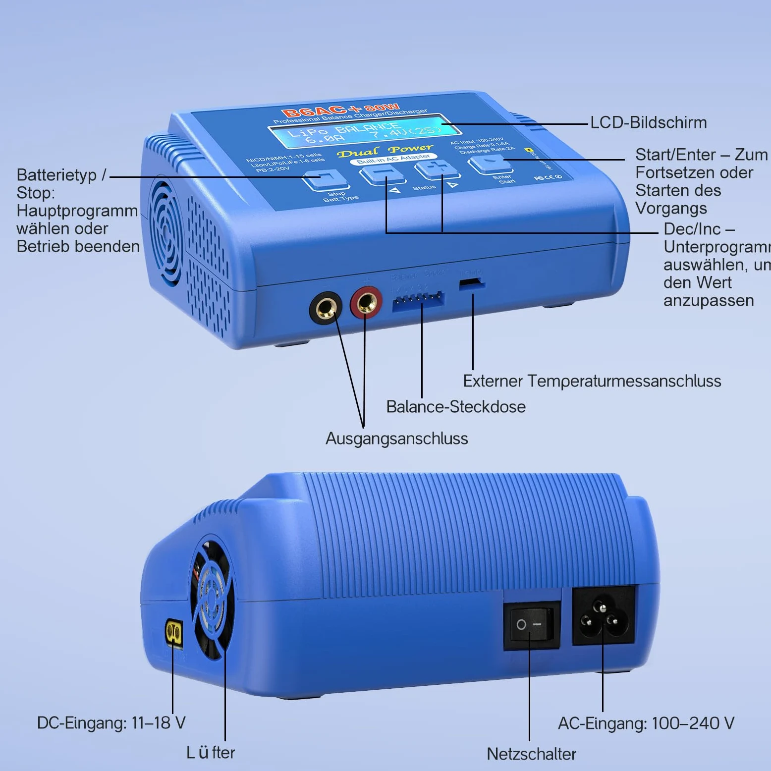Haisito Lipo - Caricatore da 80 W, 6 A, per Li-Ion, Life, NiMH, NiCd, LiHV, Pb, con adattatore integrato, Lipo Balance Charger per airsoft, auto RC, barche, droni