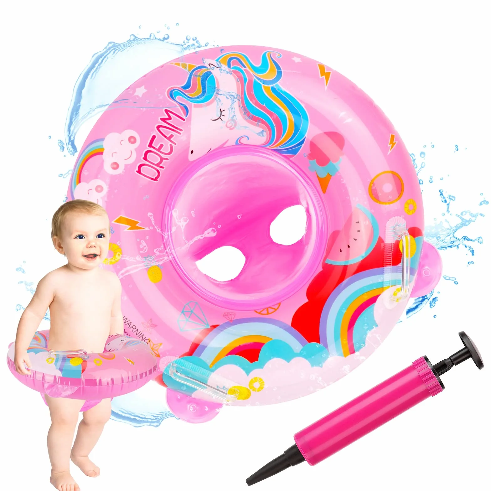 Anello di Nuoto del Fumetto,Unicorno Salvagente Neonato Galleggiante Gonfiabile del Bambino Dell'anello di Nuoto del Baby Float Salvagente con Seggiolino and Gonfiatore Bambini Piscina Giocattolo,Rosa