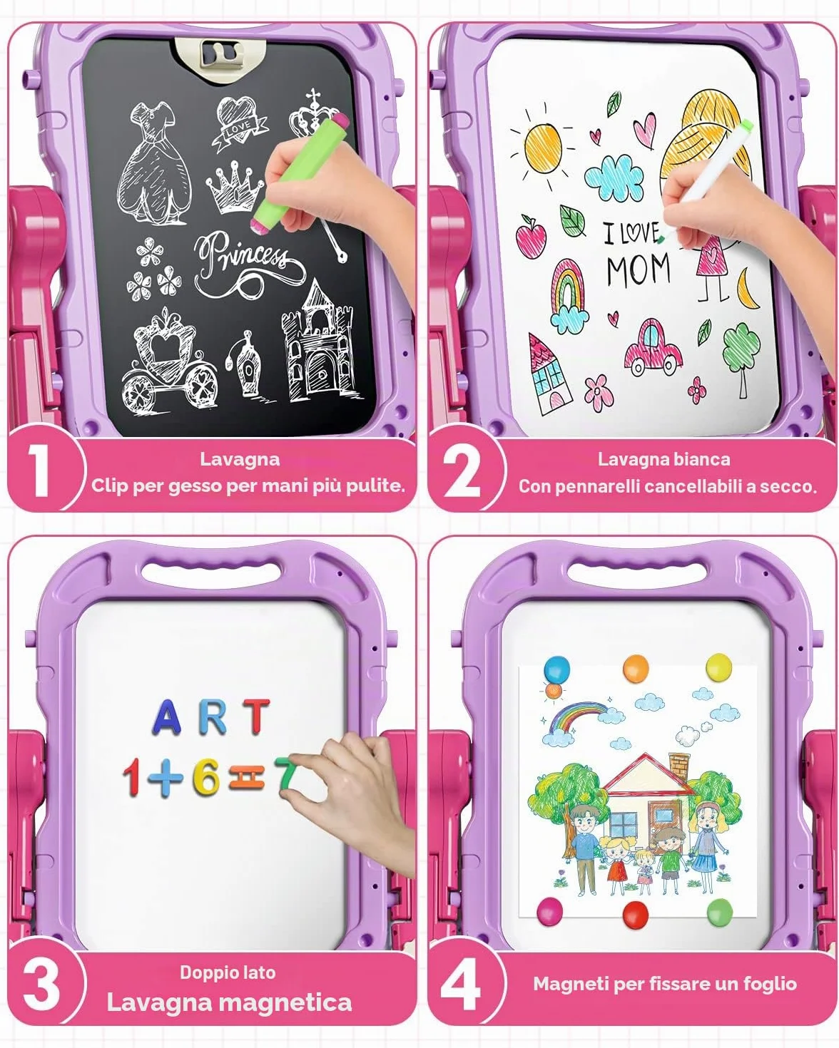 Lehoo Castle Lavagna per Bambini, 4 in 1 Lavagna Magnetica per Bambini, 360° Cavalletto Pitturai Regolabile Altezza, Giocattolo Educativo 3+ Anni(Viola)