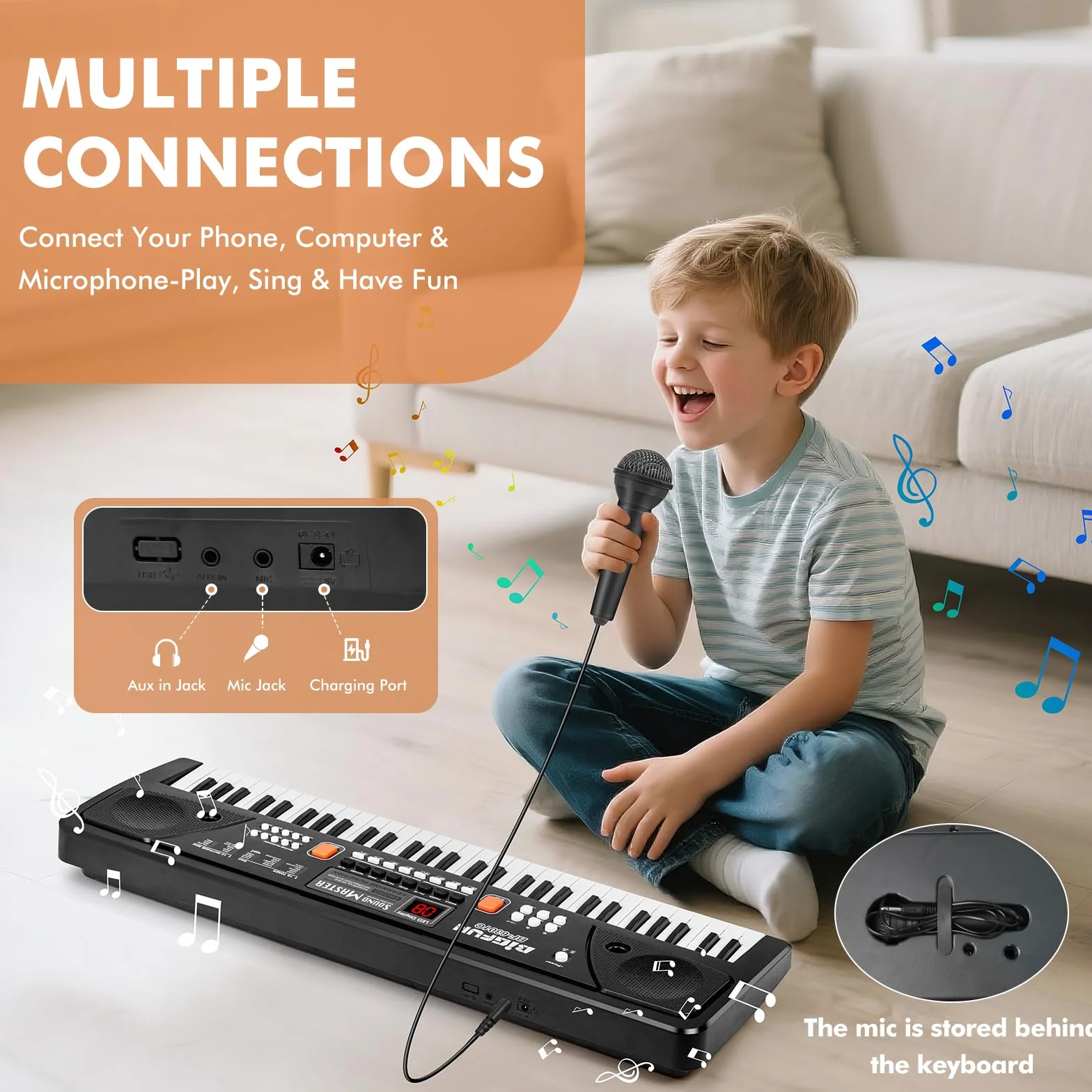 Tastiera Pianoforte per Bambini - 61 Tasti Portatile Giocattolo Pianola Tastiera Musicale Elettrica Piano con Microfono, Regalo 3 4 5 6 7 8 9 Anni, Nero