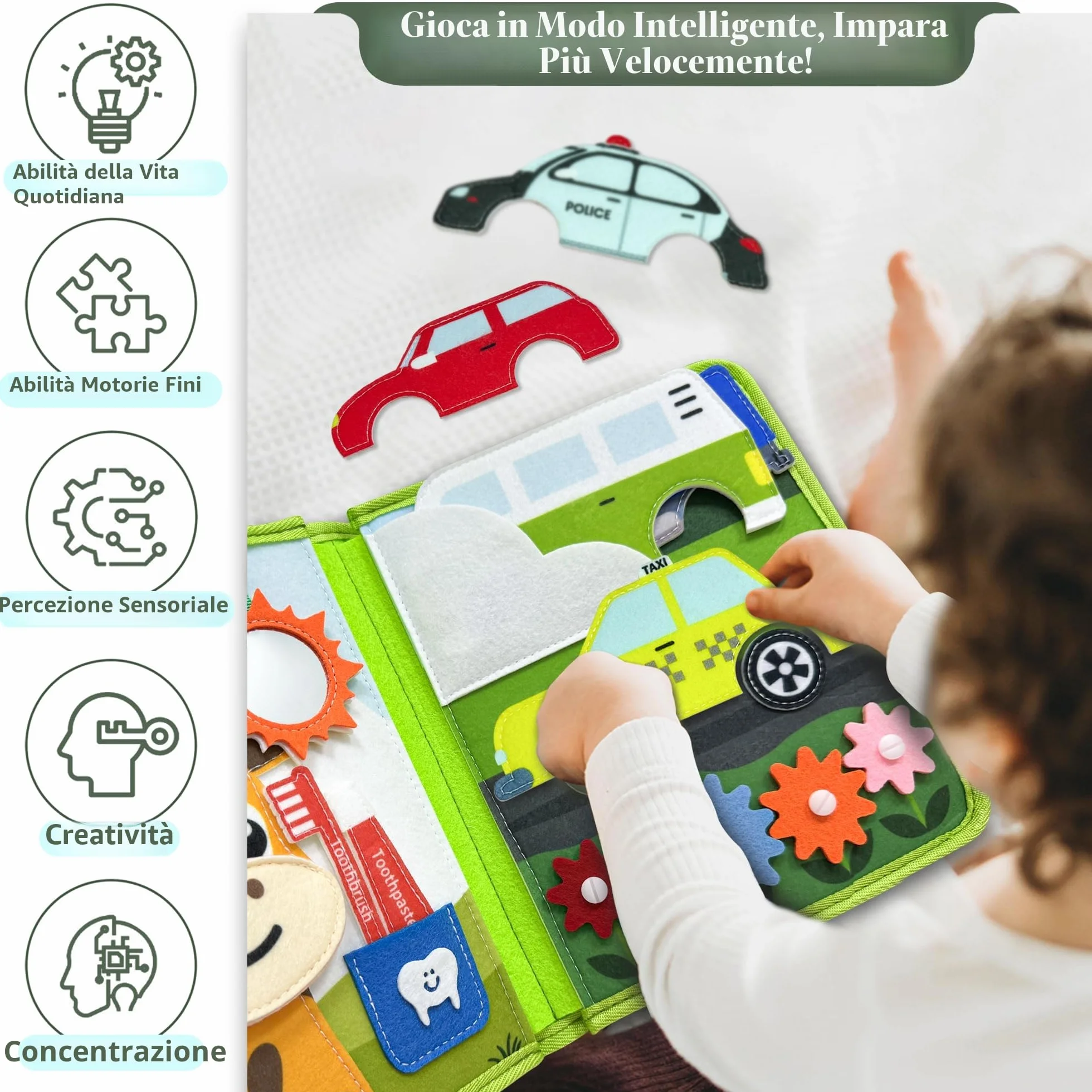Busy Board Montessori 1 Anno, 22 in 1 Libro Interattivo in Feltro, Giochi Sensoriali Educativi per Bambini 1-4 Anni