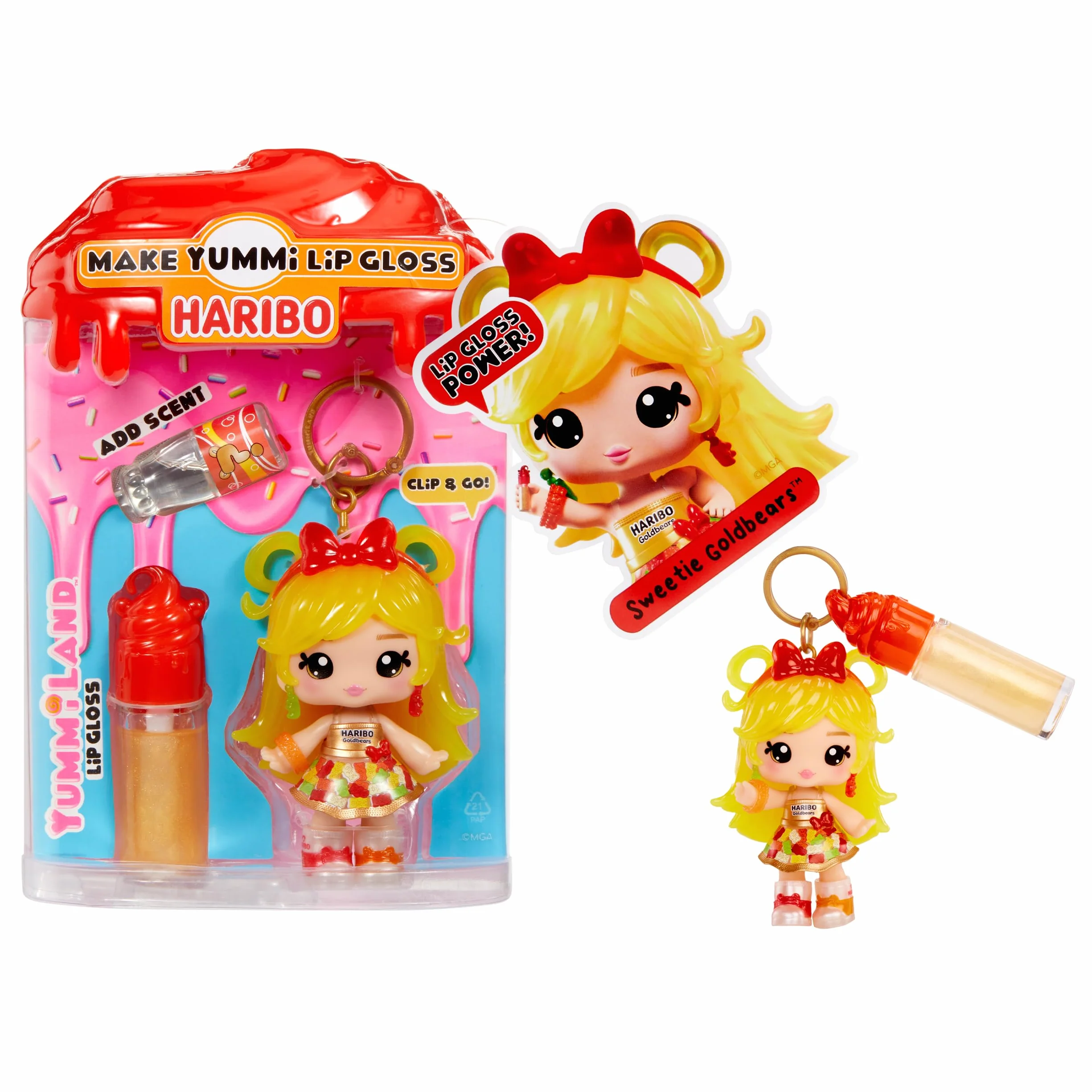 Yummiland x Licensed Sweets Lip Gloss Doll: Haribo Goldbears - Sweetie Goldbears - Include 1 Bambola, Lucidalabbra + Portachiavi rimovibile, Gioco cosmetico, Collezionabile. Età 4+