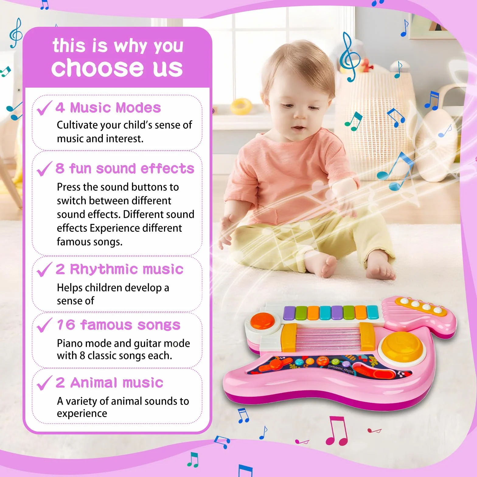 Chitarra Giocattolo Musicale per Bambini 4 Modalità con Canzoni Luce e Cinghia dai 12 Mesi+