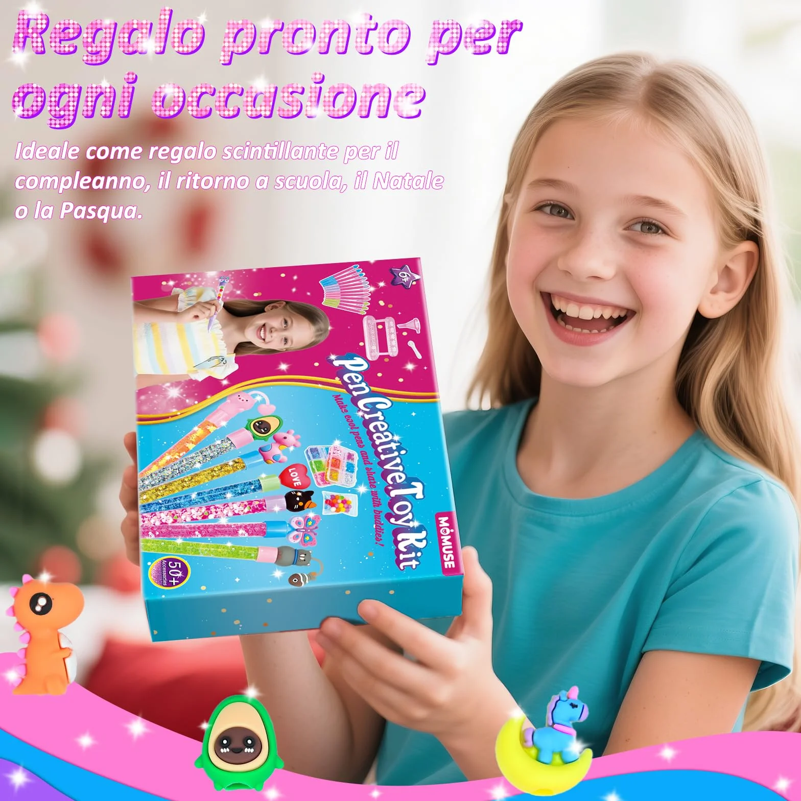 MOMUSE Kit Creativo Penne 50 Accessori, Fabbrica Penne per Bambini 6-10 Anni, Idee Regalo