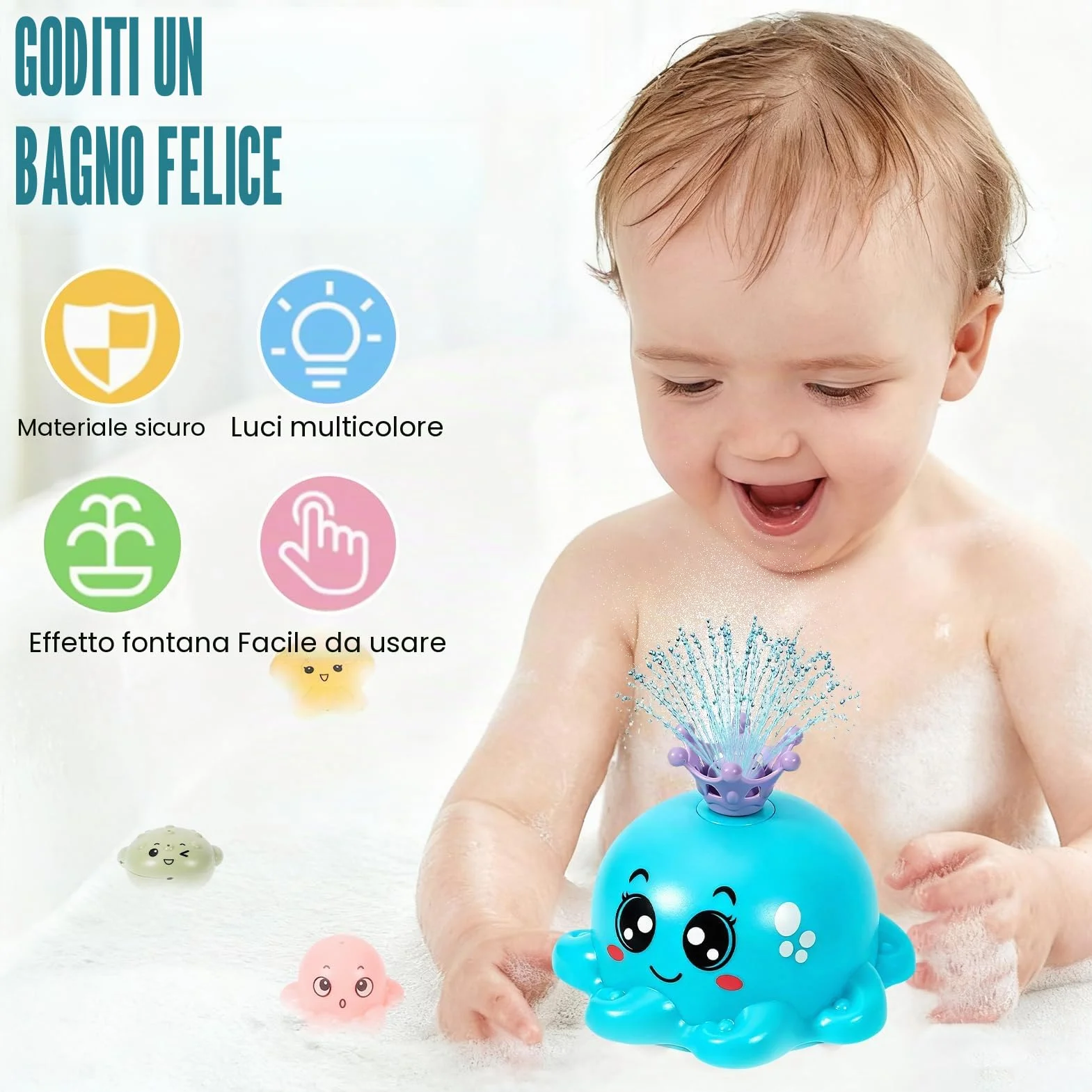 Giochi Bagnetto Neonato, Polpo Giochi Vasca da Bagno Bambini Spruzzo d'Acqua Automatico, Giochi Bagnetto con Luce a LED, 4 Teste di Spruzzo, Giocattoli da o Piscina per 1 2 3 Anno, Blu