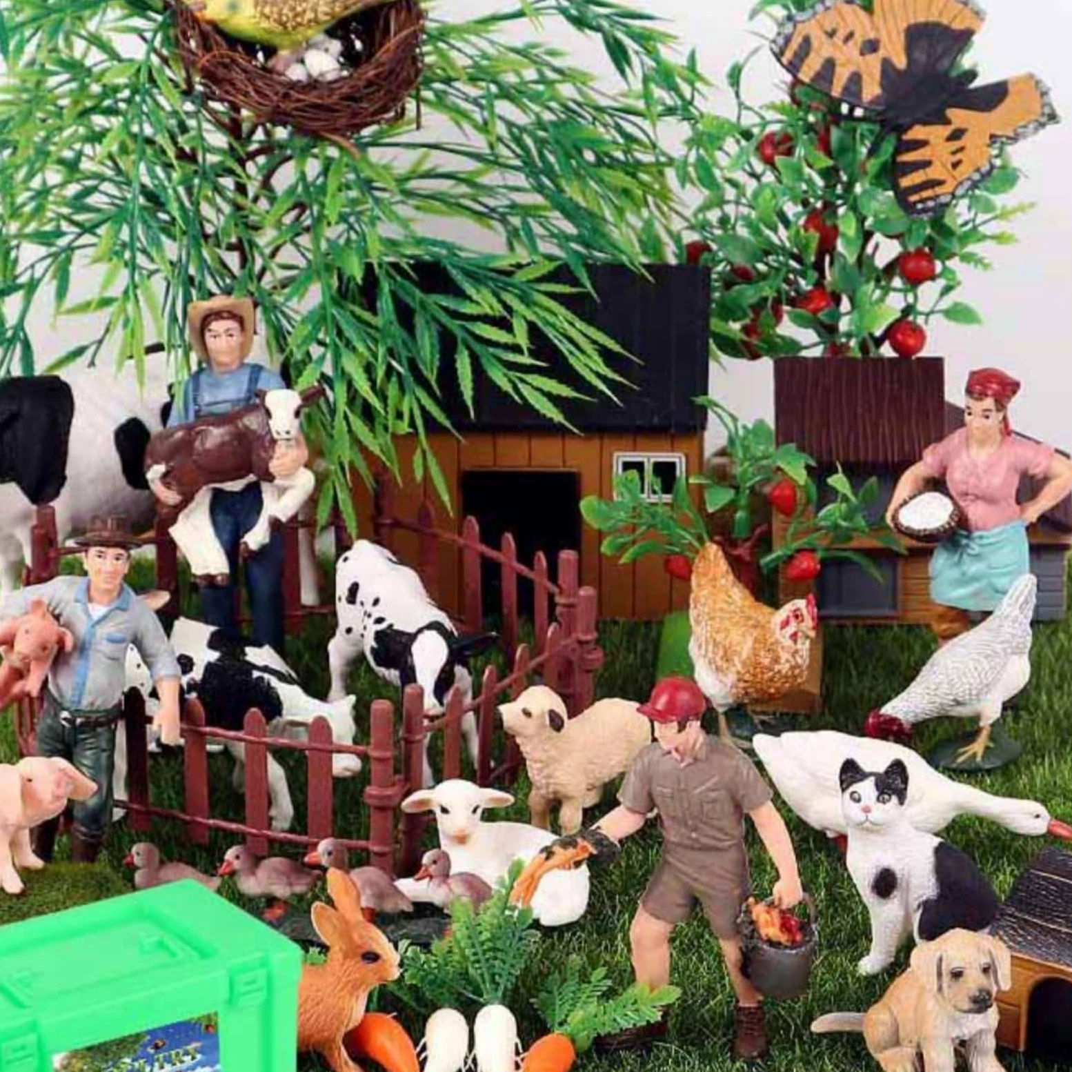 Children Farm Figurines Set Animali da Fattoria Figure Recinzioni Casette Contadini Texture Realistiche E Colori Variegati Stimola E Conteggio con
