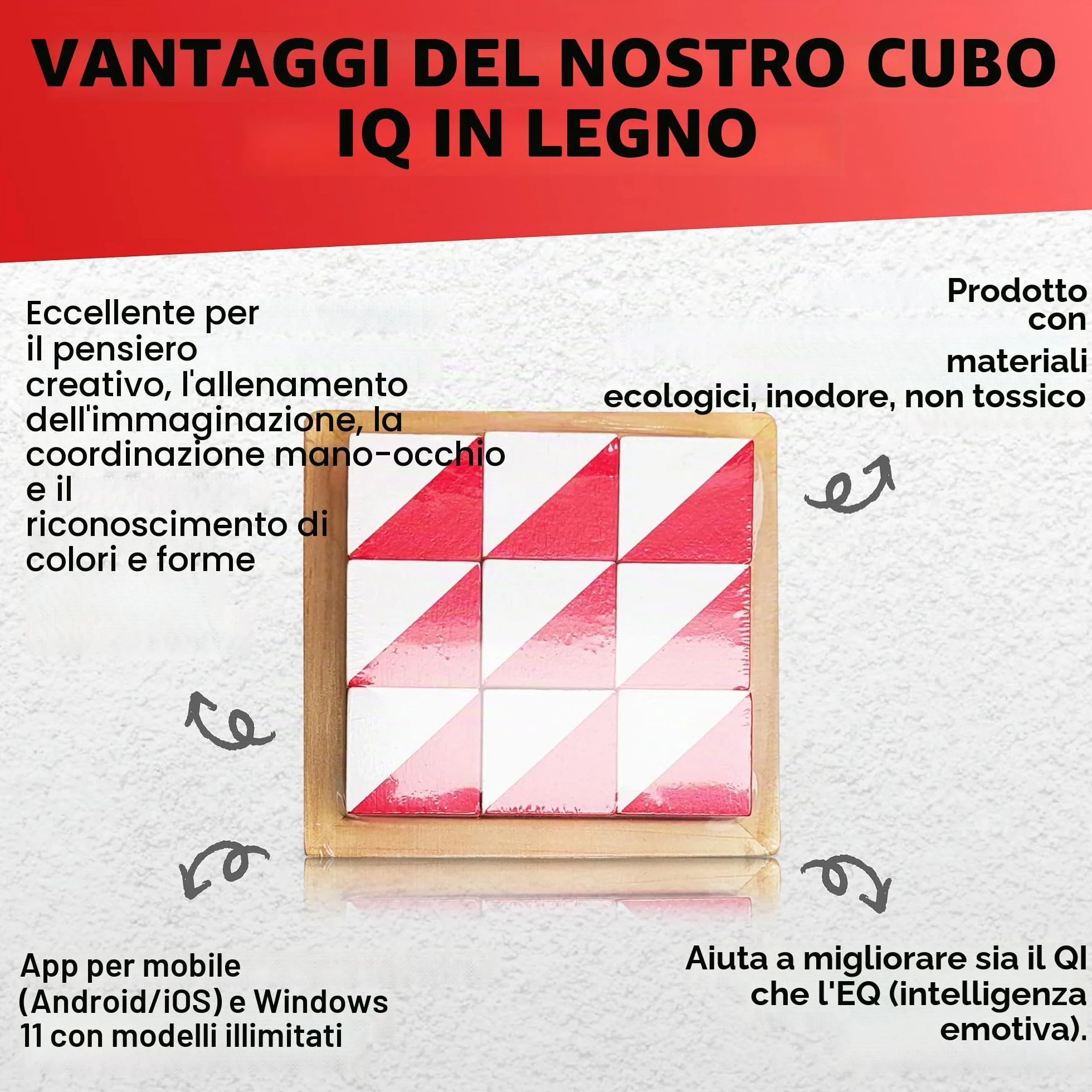 PrfcNL Blocchi di Prova IQ - 9 Cubi in Legno Bianco e Rosso con 60 Modelli e App Mobile, Ideali per WISC, WAIS, Prep WPPSI, Giocattolo Regalo Montessori Educativo STEM per Tutte le Età