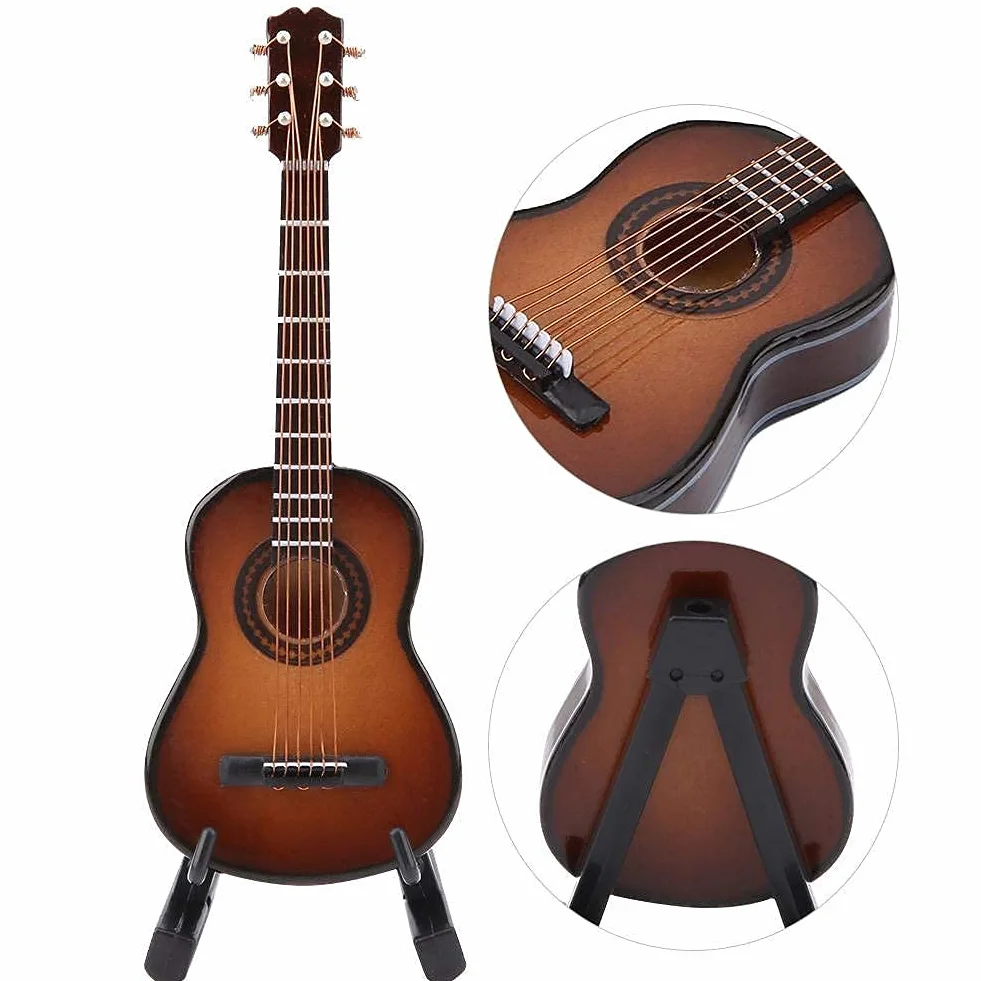 Chitarra decorativa in legno miniatura artigianale marrone 10cm
