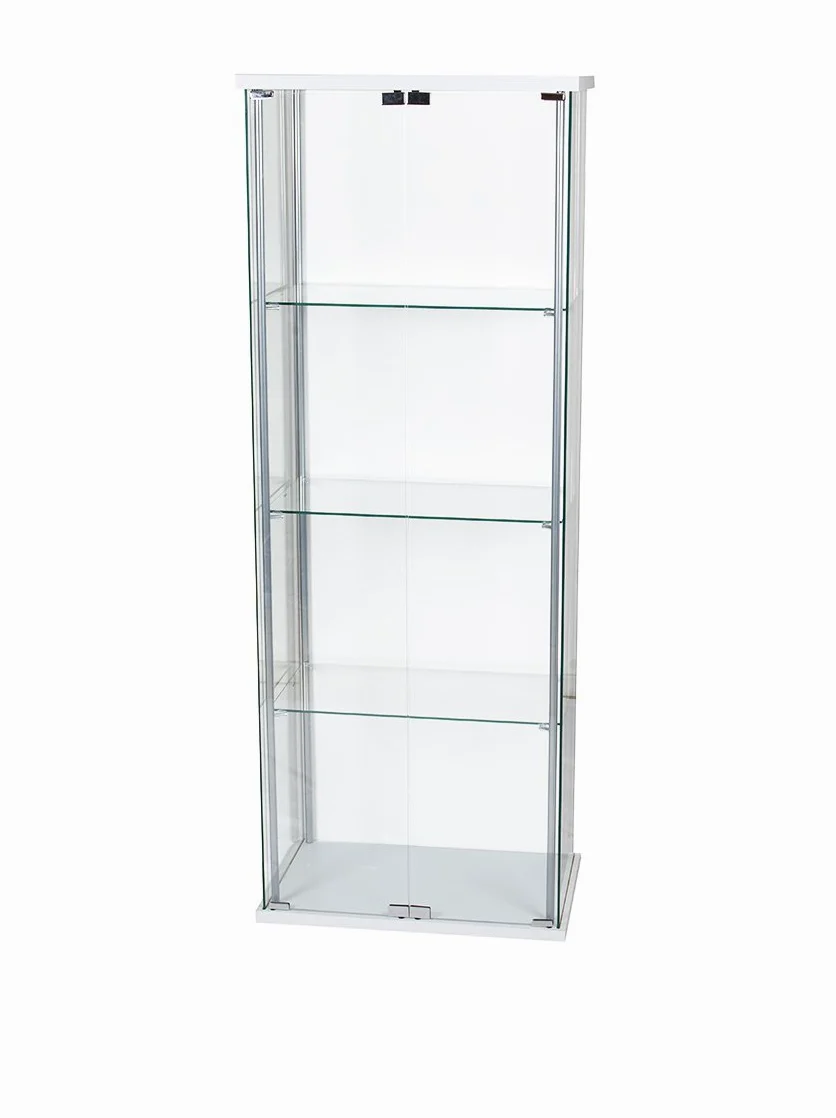 Vetrina Moderna 2 Ante in Vetro Temperato Bianca 60,5x36,5x163 cm – Mobile Contenitore per Soggiorno o Cucina, con Struttura in Metallo e Laminato, 3 Ripiani Fissi