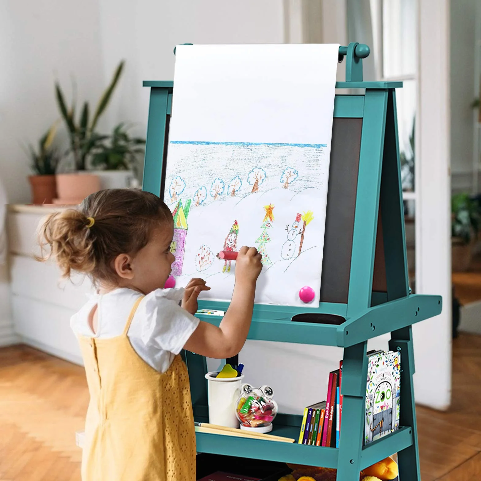 RELAX4LIFE 3 in 1 Lavagna per Bambini, Cavalletto Pittura Doppia Faccia Magnetica con Rotolo di Carta, Giocattolo Educativo 3+ Anni (Blu)