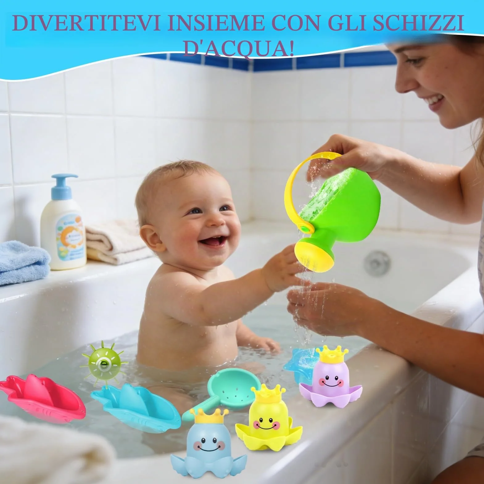 Giochi Bagnetto Neonato 14 Pezzi, Set Giochi Vasca da Bagno Bambini con Annaffiatoio, Ruota d’Acqua, Bicchieri Impilabili e Barchette, Giochi Bagnetto Neonato Atimuffa per Bagno e Piscina