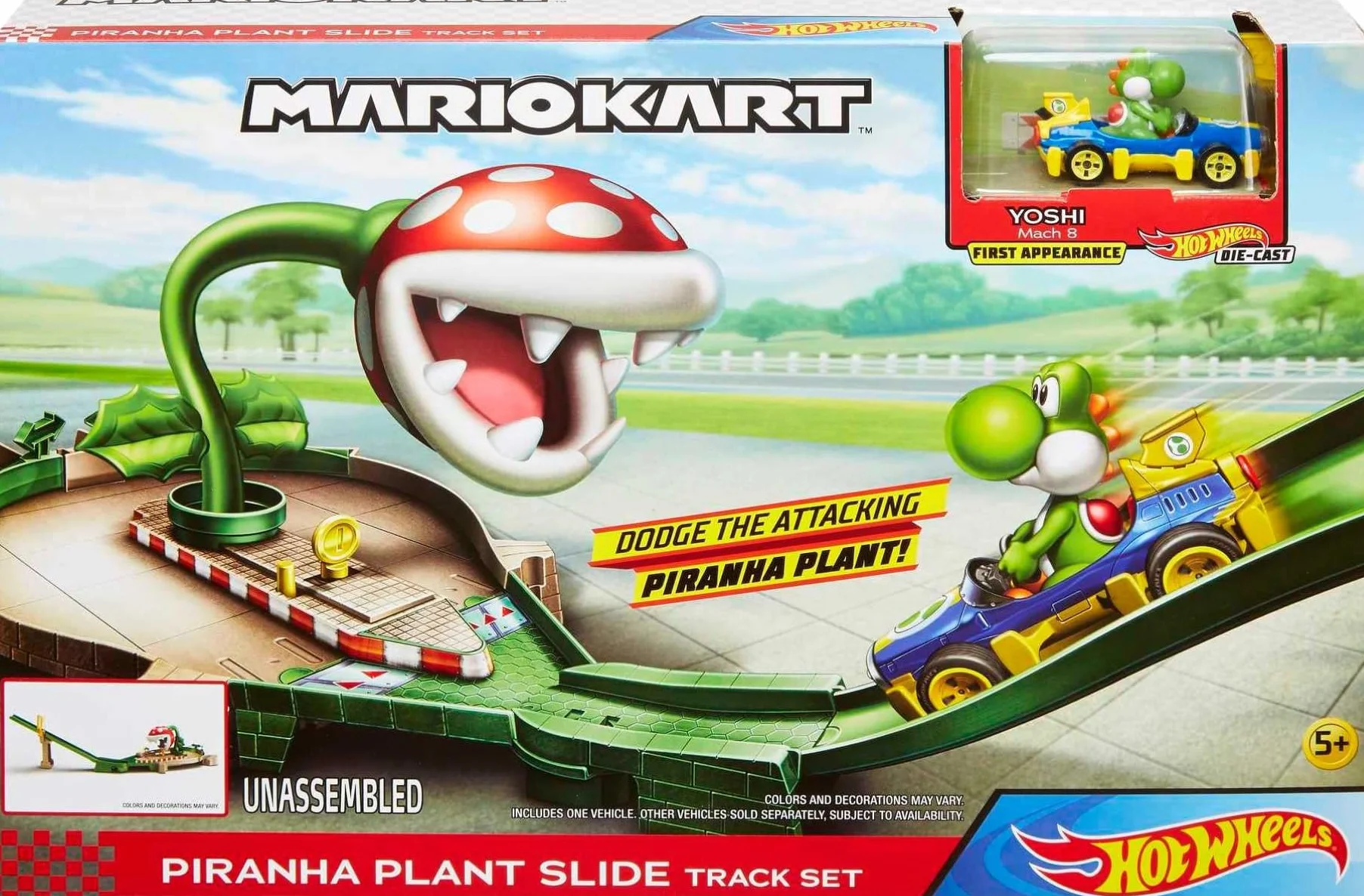 Hot Wheels Mario Kart Pista Piranha con Personaggio Yoshi in Macchinina, Giocattolo per Bambini 5+ Anni, Multicolore, GFY47
